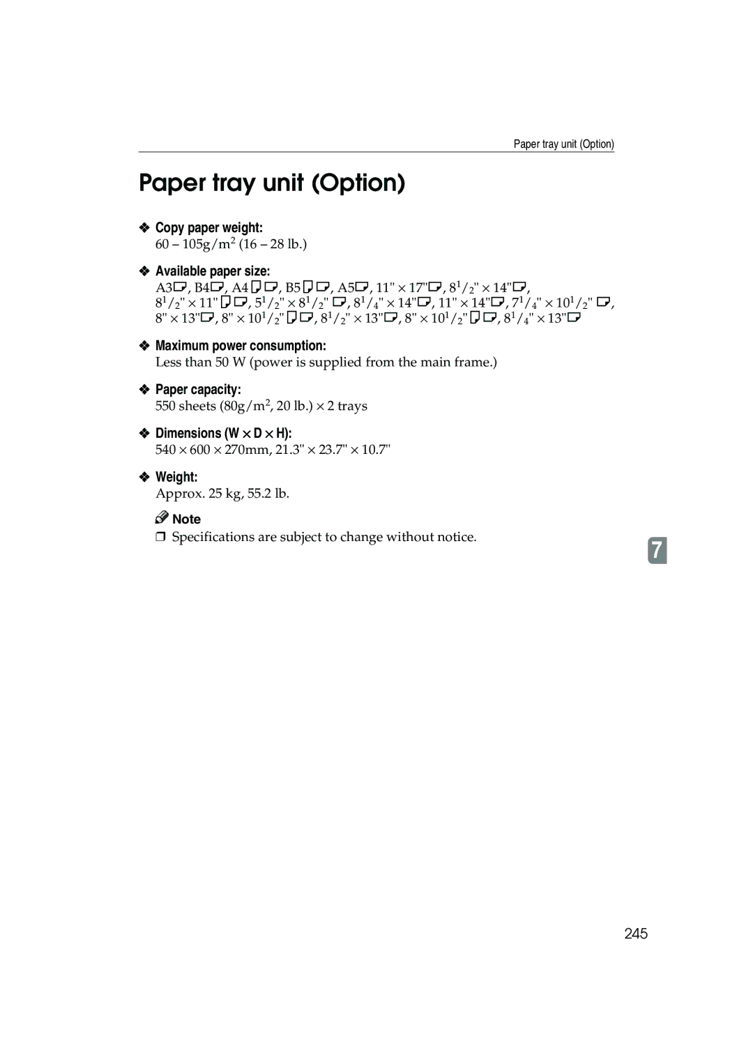 Ricoh 1035, 1045 operating instructions Paper tray unit Option, 245 