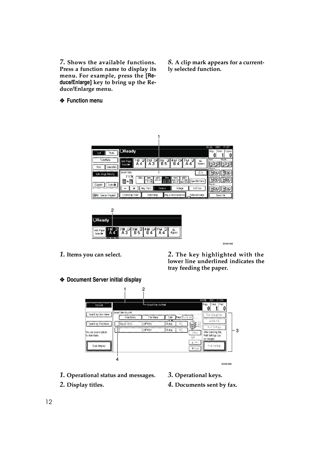 Ricoh 1045, 1035 operating instructions Function menu, Document Server initial display 