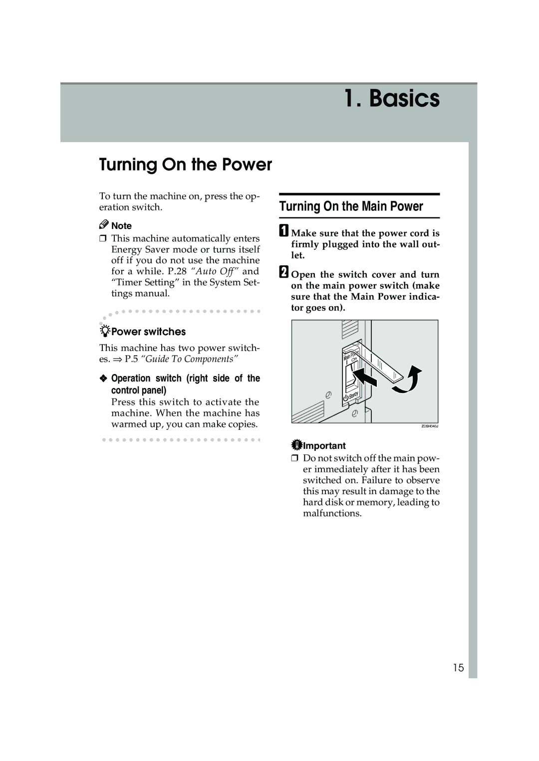 Ricoh 1035, 1045 operating instructions Turning On the Power, Turning On the Main Power, Power switches 