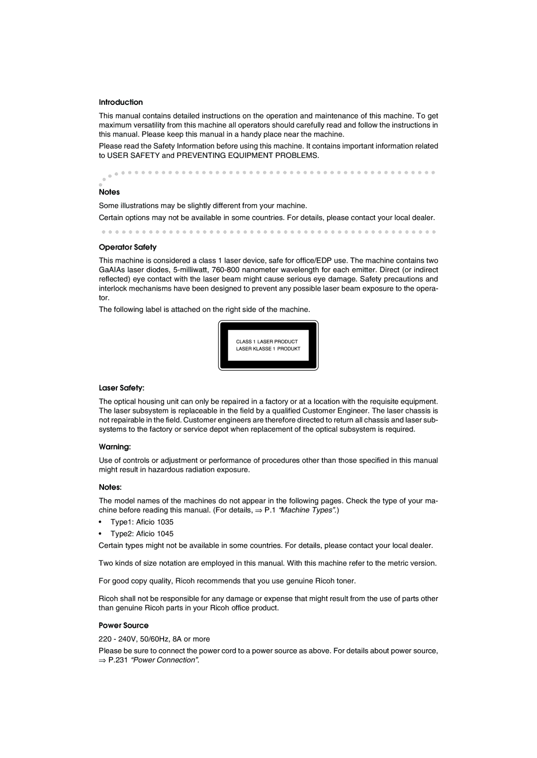 Ricoh 1035, 1045 operating instructions ⇒ P.231 Power Connection 