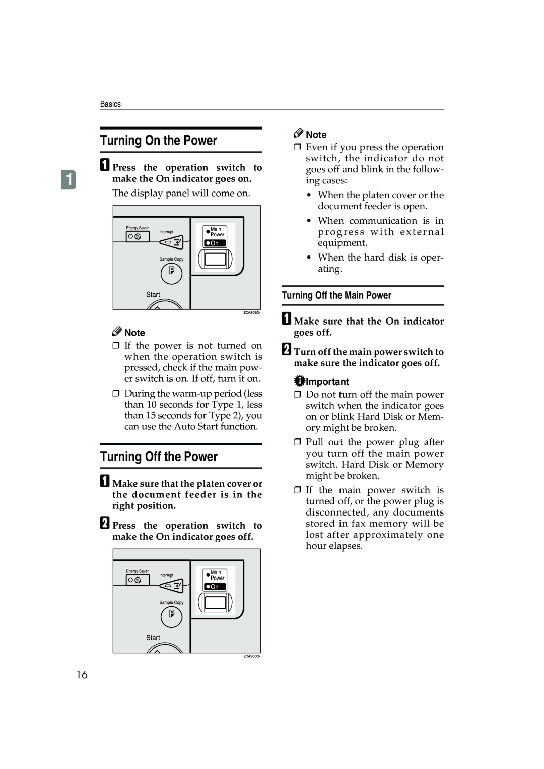 Ricoh 1045, 1035 Turning On the Power, Turning Off the Power, Turning Off the Main Power, Press the operation switch to 