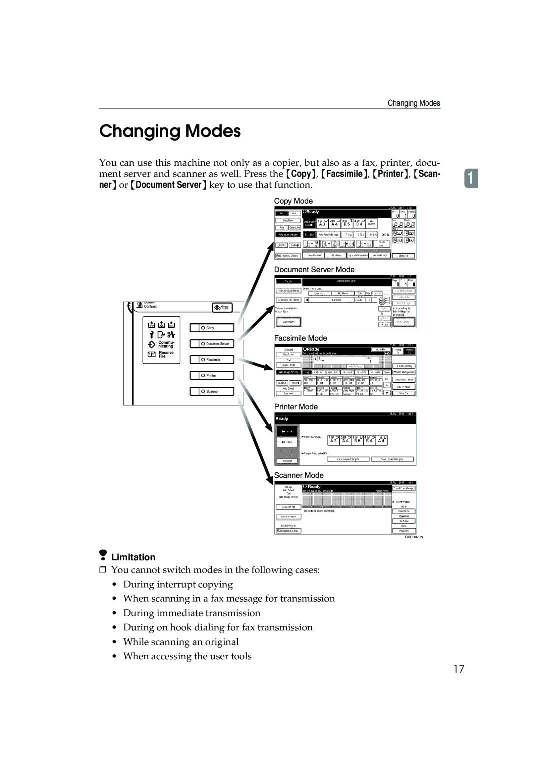 Ricoh 1035, 1045 operating instructions Changing Modes, Limitation 