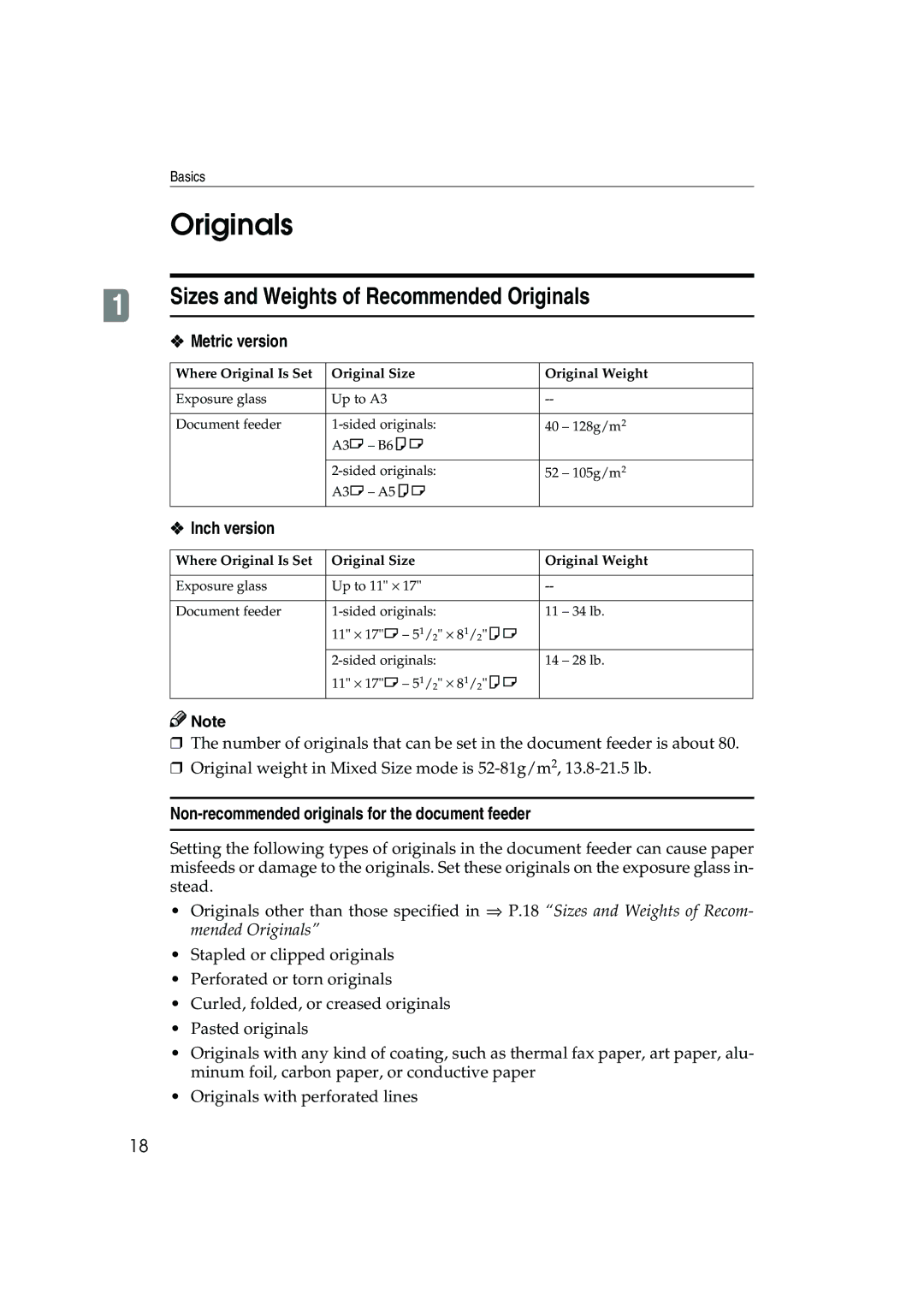 Ricoh 1045, 1035 Originals, Metric version, Inch version, Non-recommended originals for the document feeder 