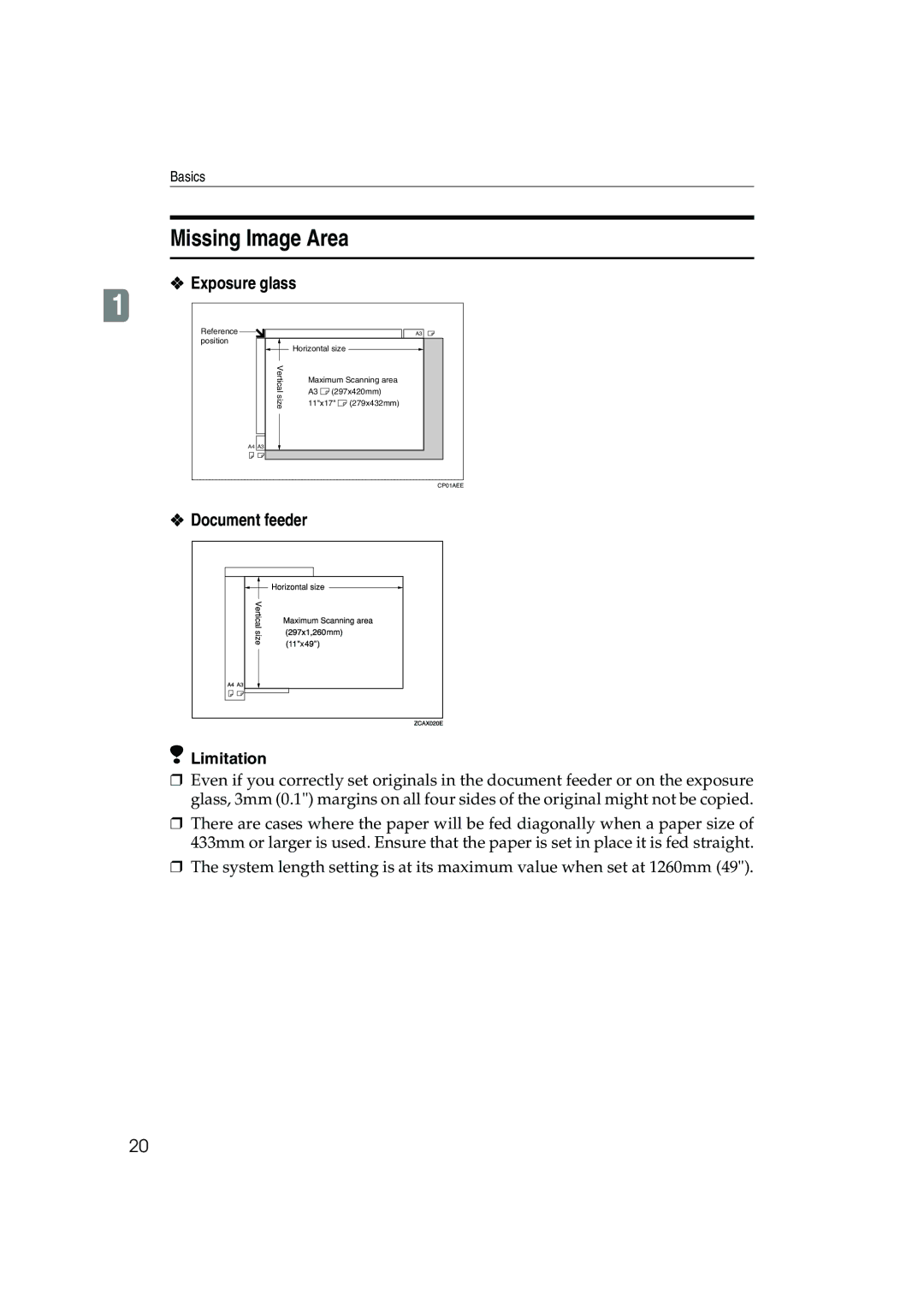 Ricoh 1045, 1035 operating instructions Missing Image Area, Exposure glass, Document feeder 