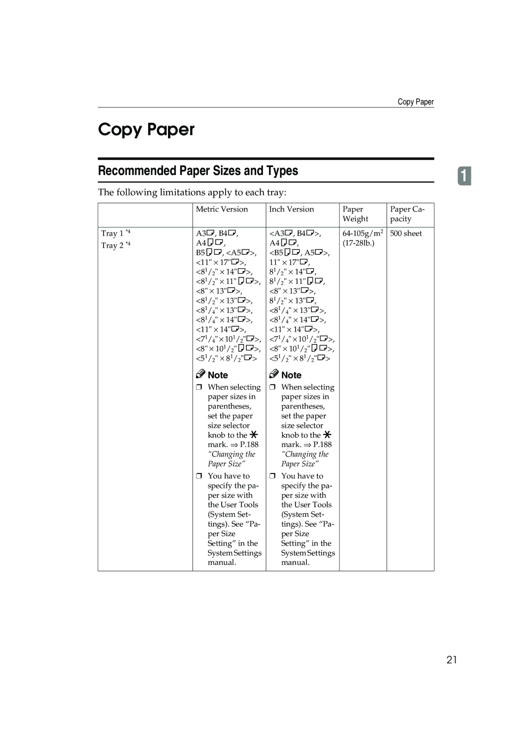 Ricoh 1035, 1045 operating instructions Copy Paper, Recommended Paper Sizes and Types 