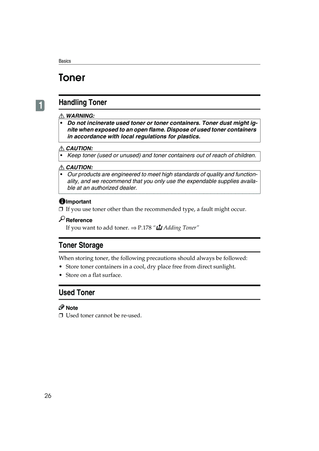 Ricoh 1045, 1035 operating instructions Toner Storage, Used Toner 