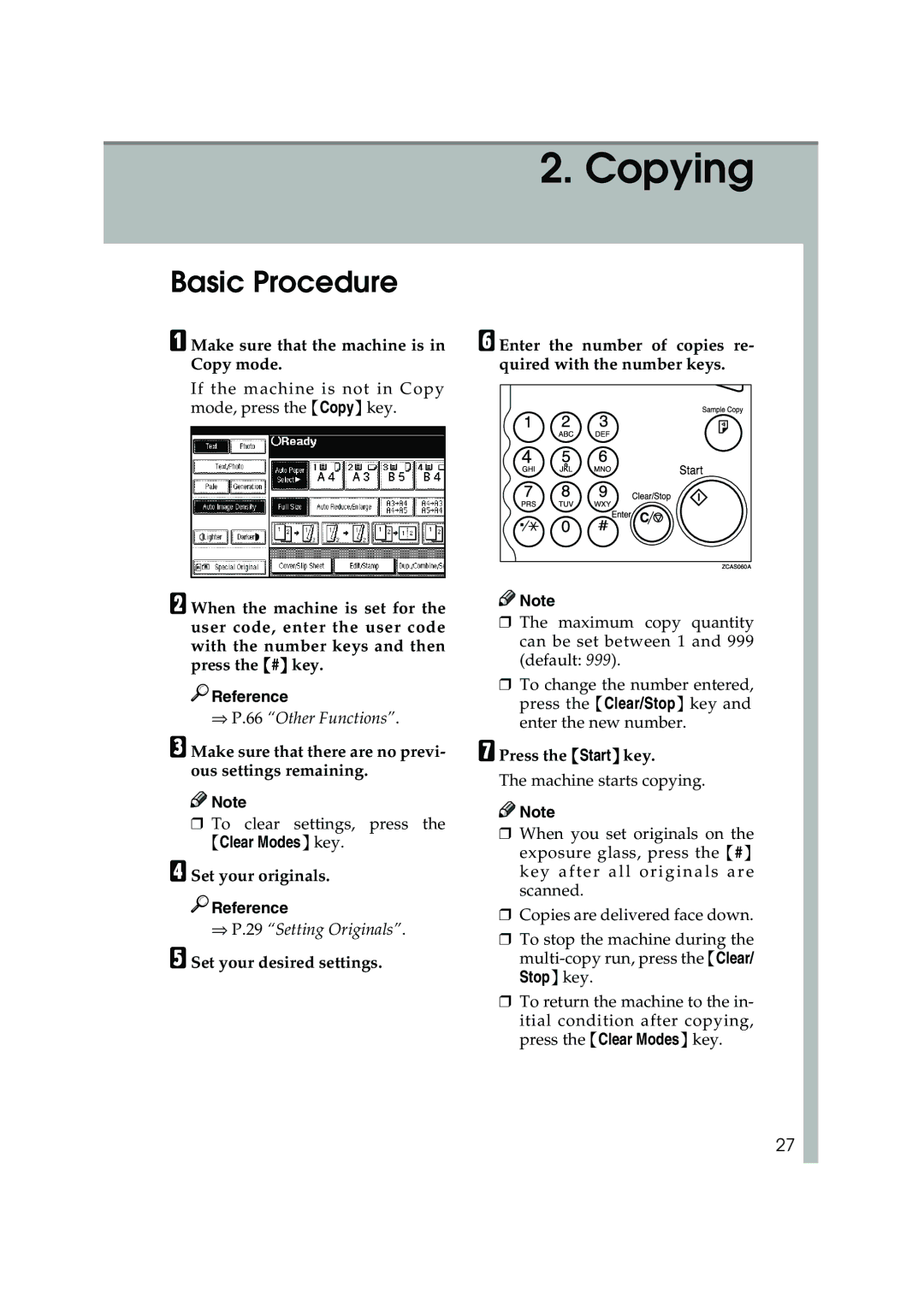 Ricoh 1035, 1045 Basic Procedure, Make sure that the machine is in Copy mode, Set your originals, Press the Start key 