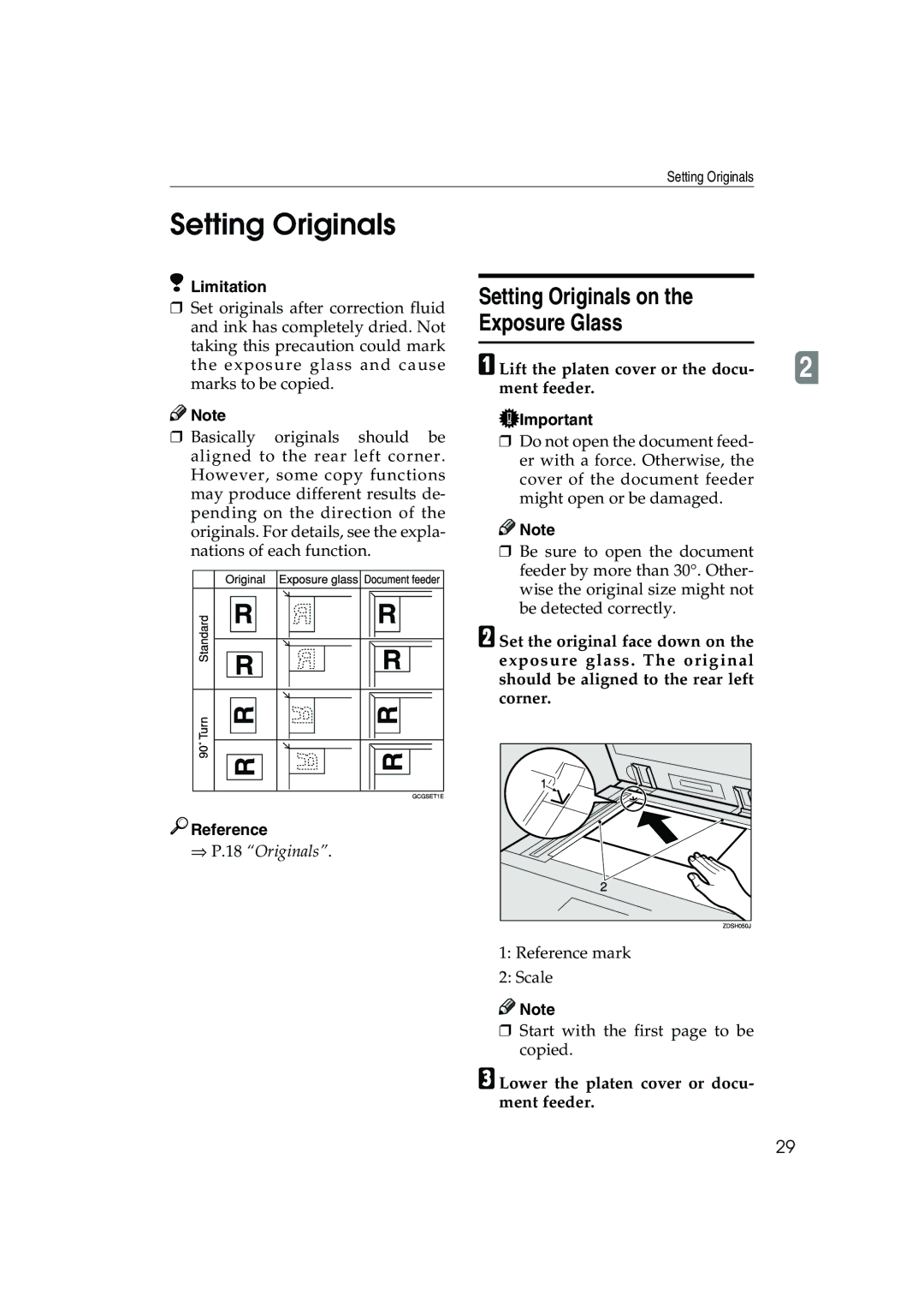 Ricoh 1035, 1045 Setting Originals on Exposure Glass, Lift the platen cover or the docu Ment feeder 