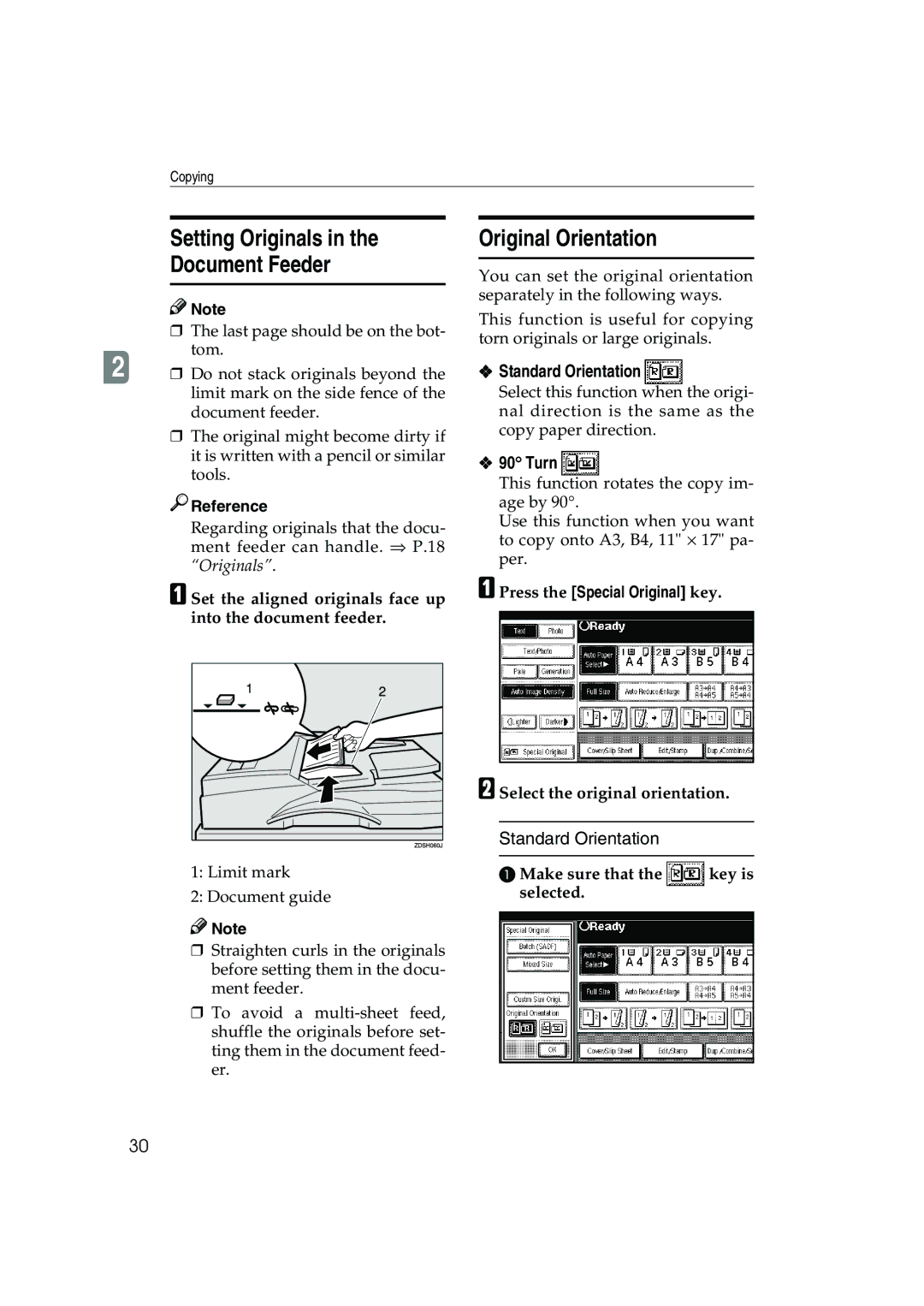 Ricoh 1045, 1035 operating instructions Setting Originals Document Feeder, Original Orientation, Standard Orientation, Turn 