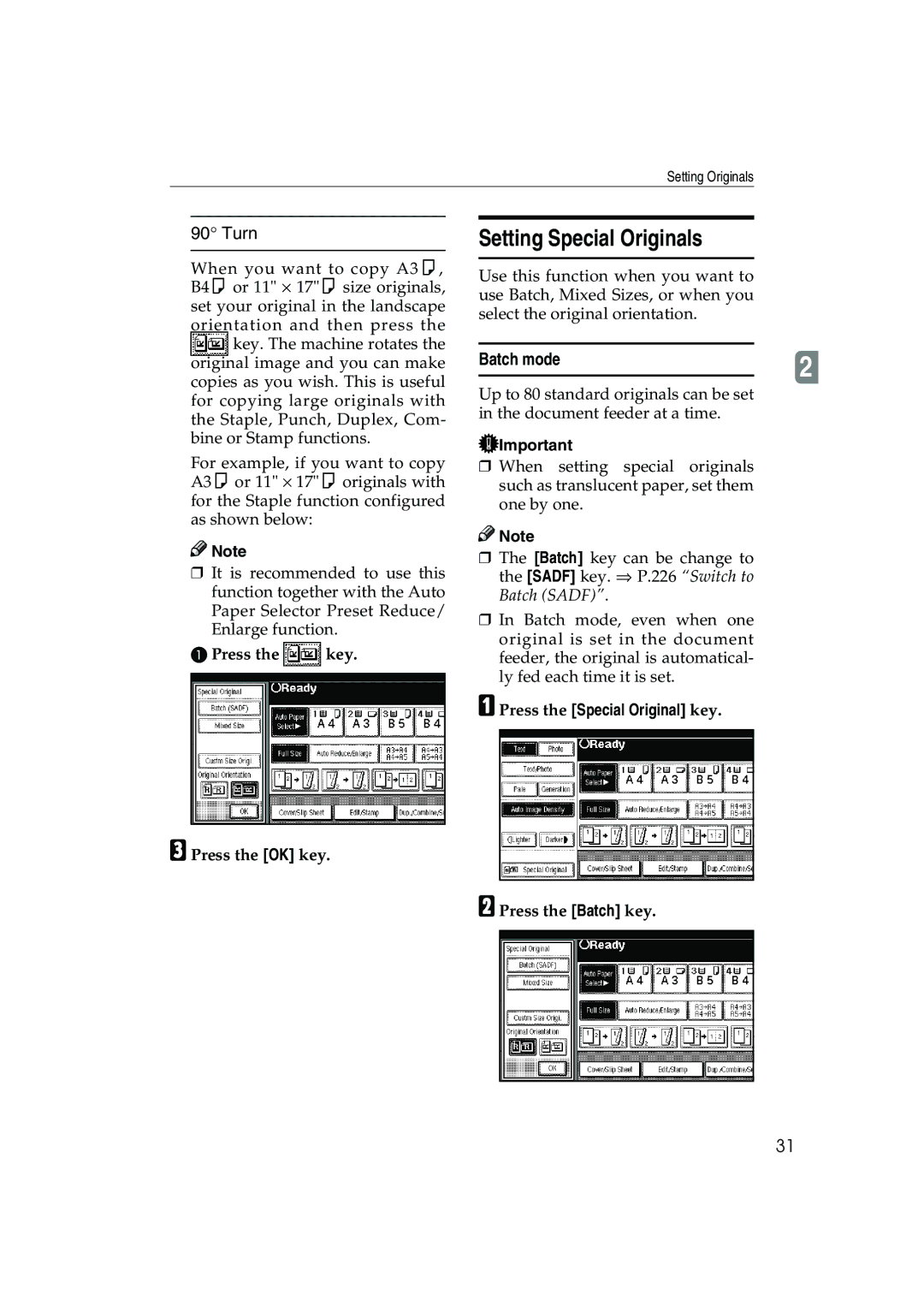 Ricoh 1035, 1045 Setting Special Originals, Turn, Batch mode, Press the key Press the OK key, Press the Batch key 