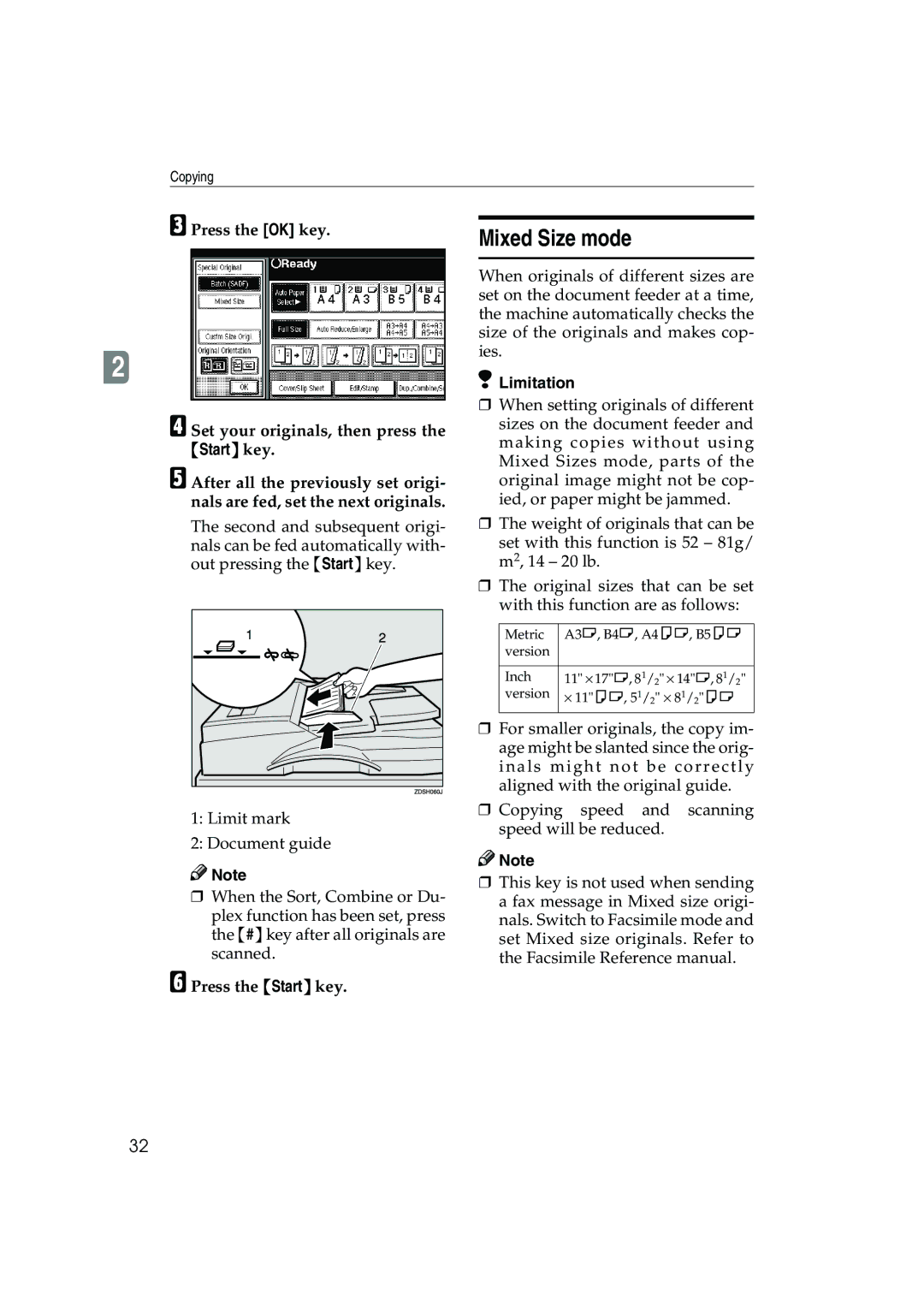 Ricoh 1045, 1035 operating instructions Mixed Size mode, Limitation 