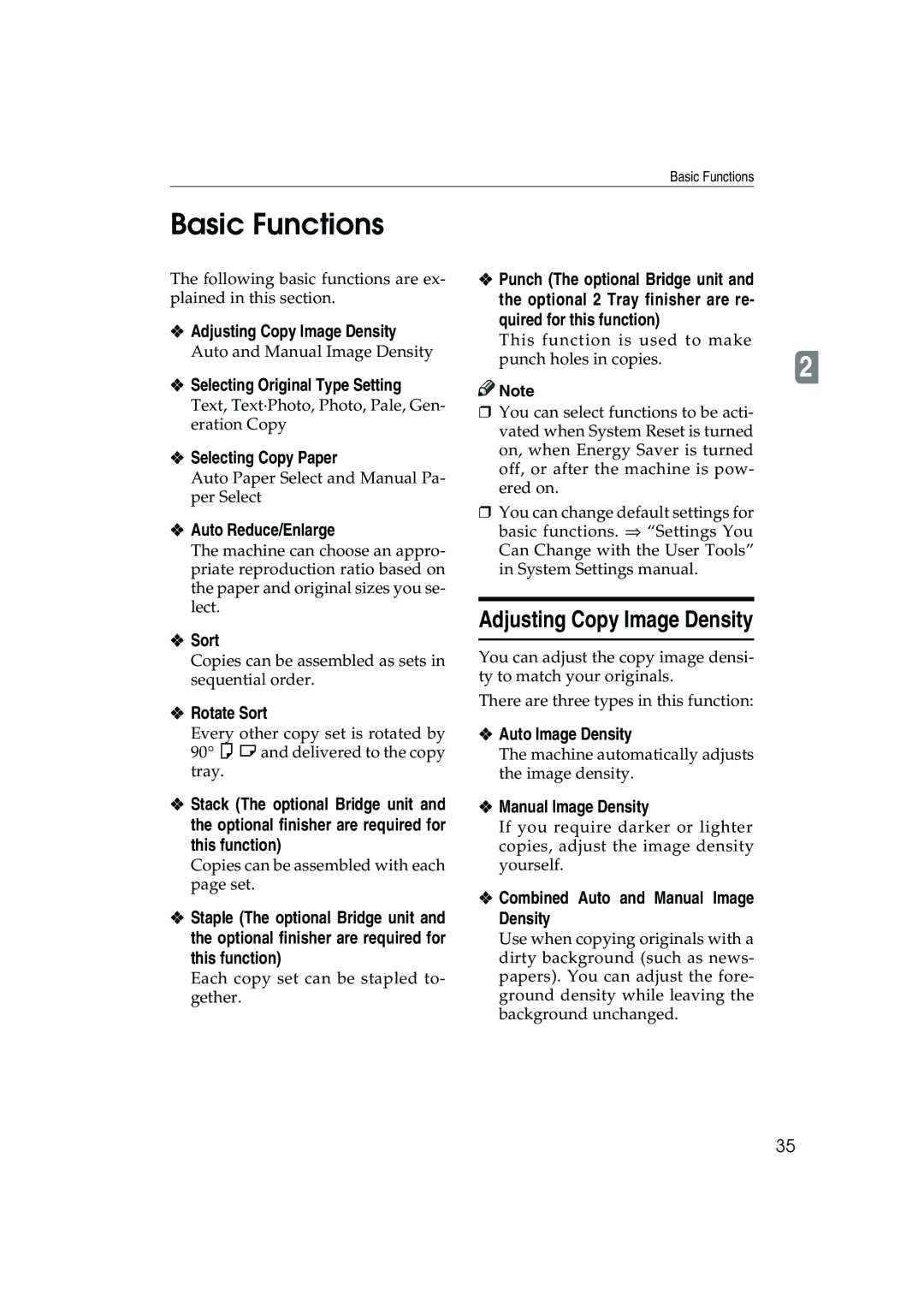 Ricoh 1035, 1045 operating instructions Basic Functions, Adjusting Copy Image Density 