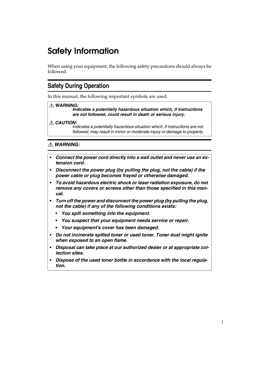 Ricoh 1035, 1045 operating instructions Safety Information, Safety During Operation 