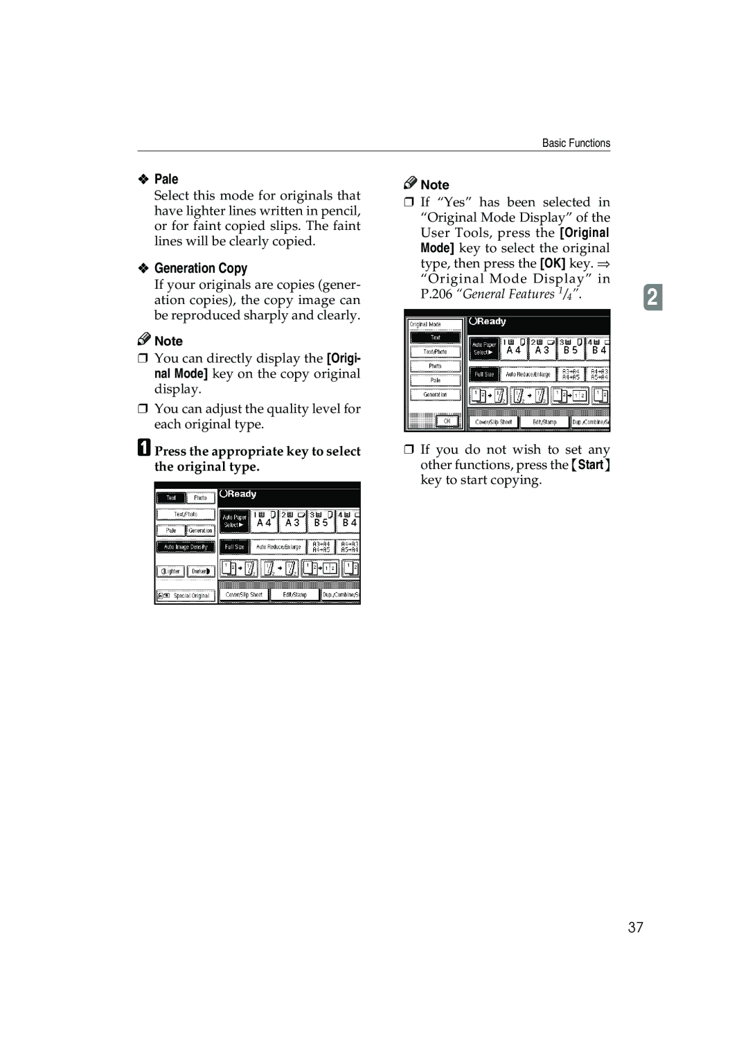 Ricoh 1035, 1045 operating instructions Pale, Generation Copy, Press the appropriate key to select the original type 