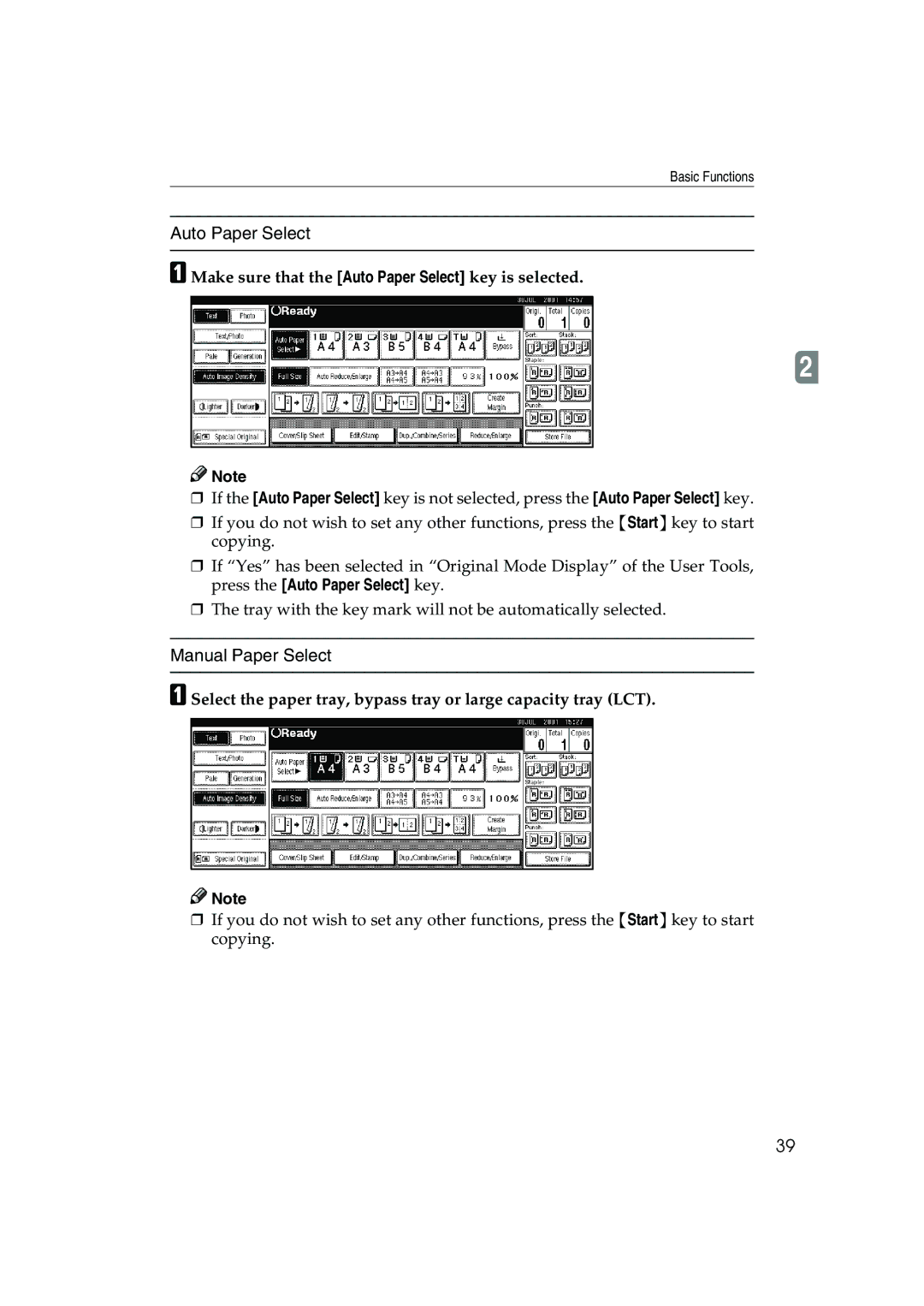 Ricoh 1035, 1045 operating instructions Manual Paper Select, Make sure that the Auto Paper Select key is selected 