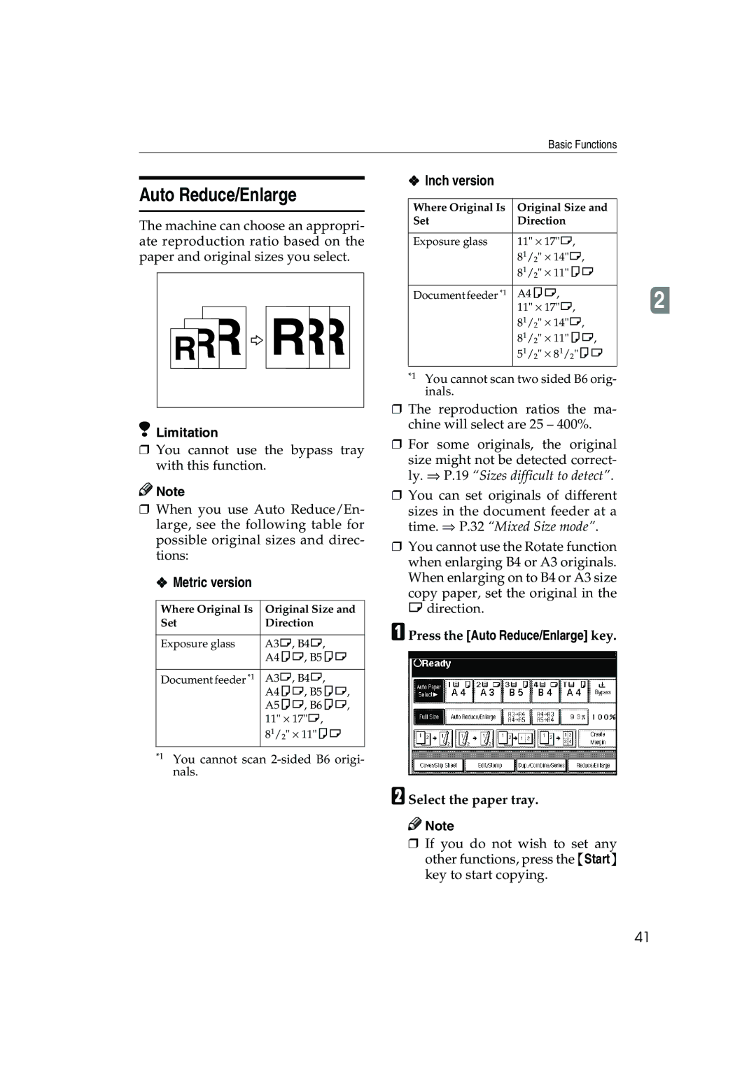 Ricoh 1035, 1045 operating instructions Press the Auto Reduce/Enlarge key, Select the paper tray 