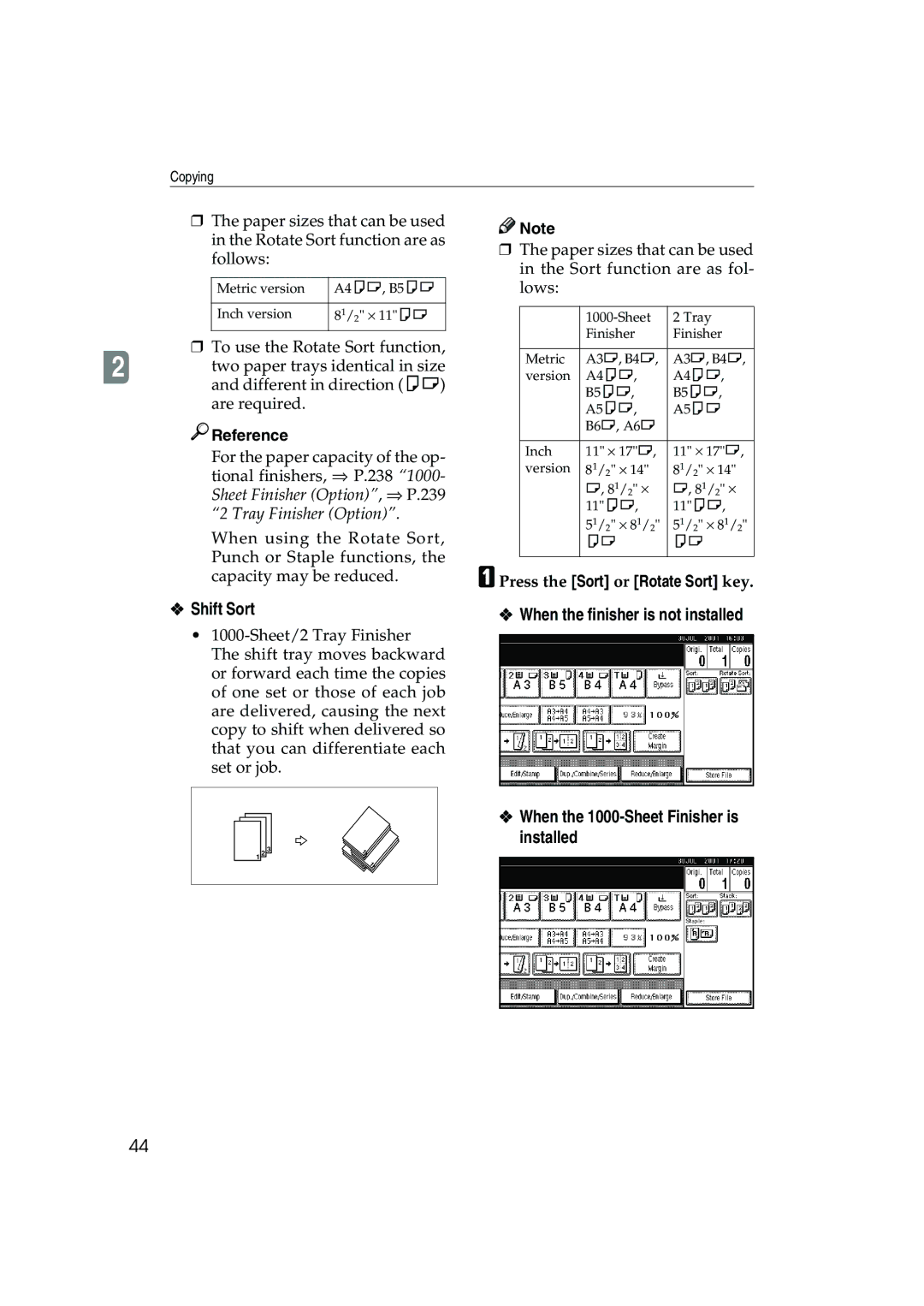 Ricoh 1045, 1035 operating instructions Shift Sort, Press the Sort or Rotate Sort key 