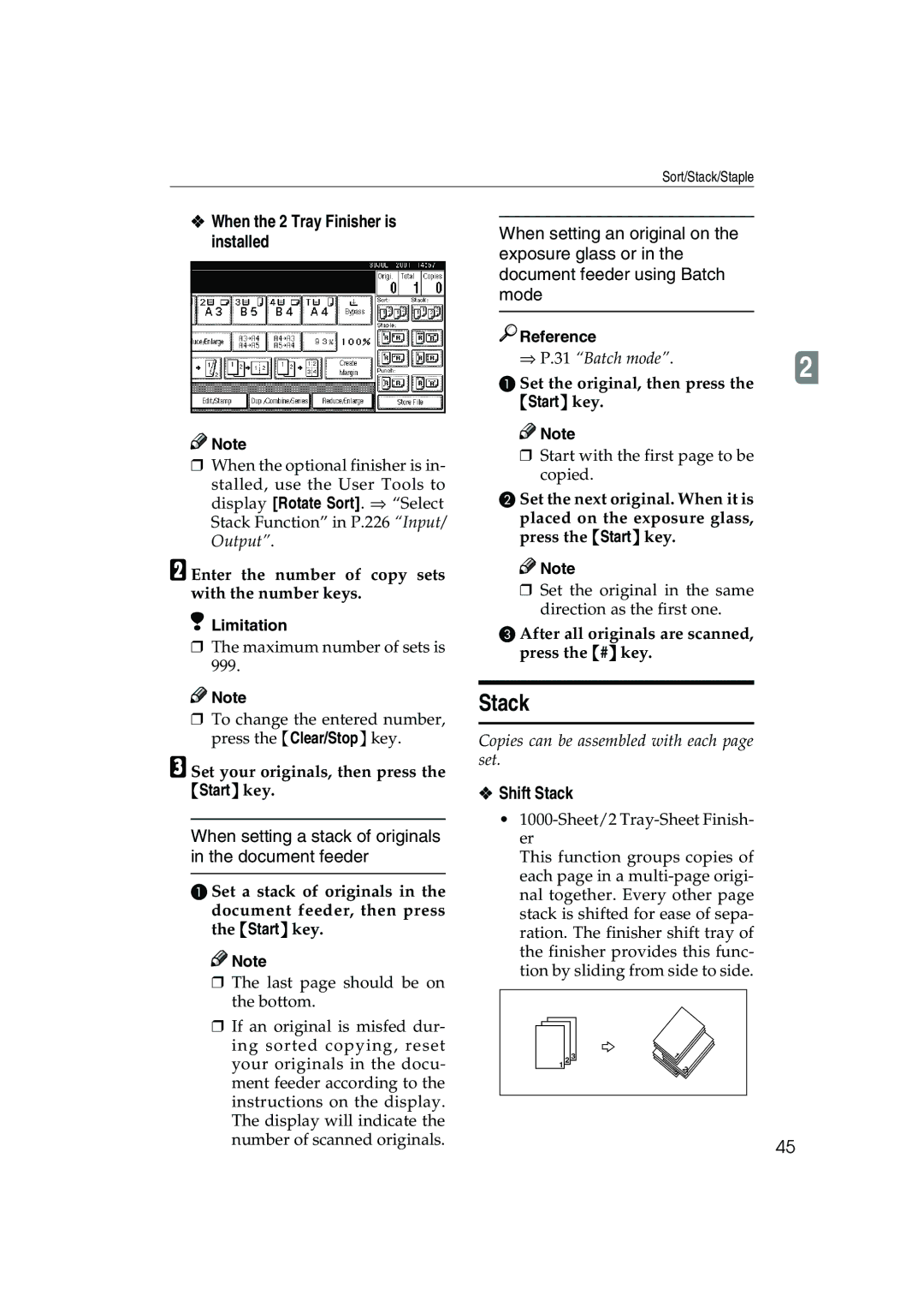 Ricoh 1035, 1045 Stack, When the 2 Tray Finisher is installed, When setting a stack of originals in the document feeder 