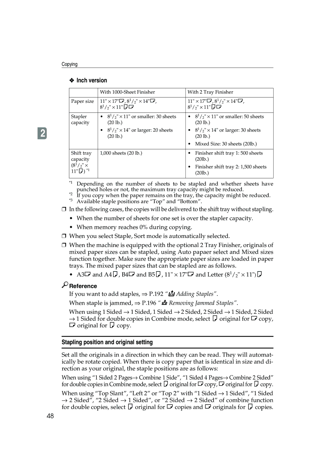 Ricoh 1045, 1035 operating instructions Inch version, Stapling position and original setting 