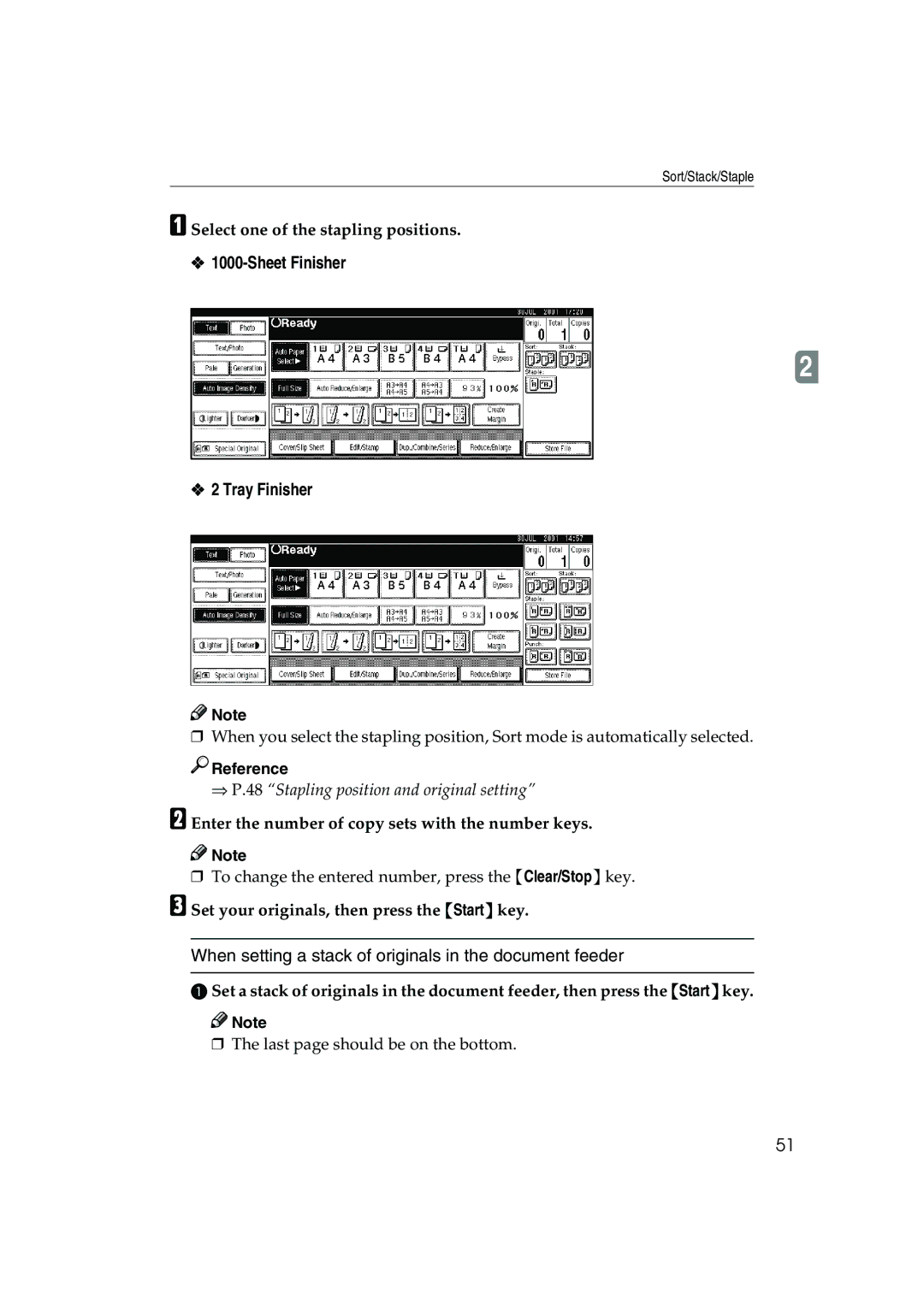 Ricoh 1035, 1045 operating instructions Sheet Finisher Tray Finisher, Select one of the stapling positions 