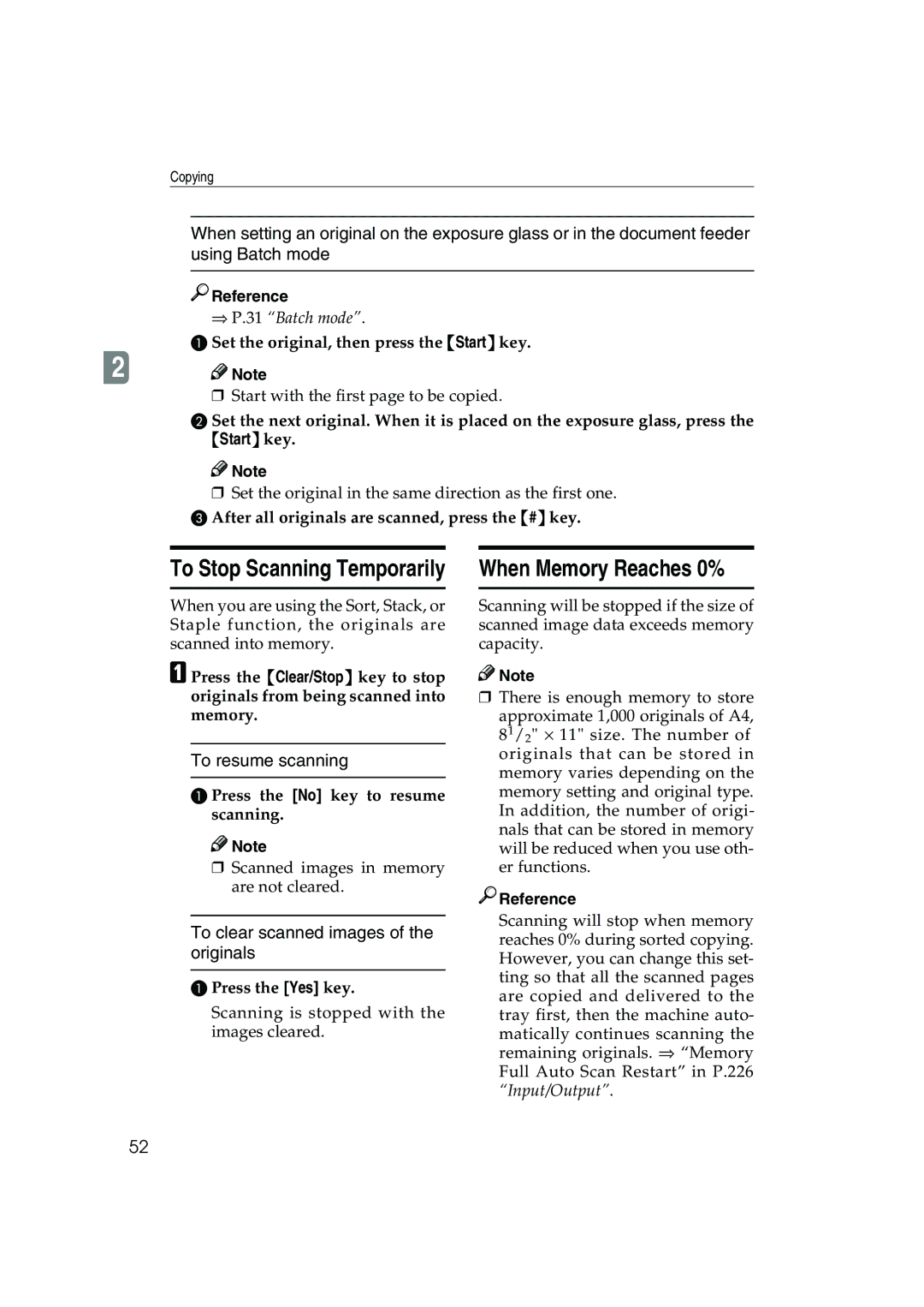 Ricoh 1045, 1035 When Memory Reaches 0%, To resume scanning, To clear scanned images of the originals, Press the Yes key 