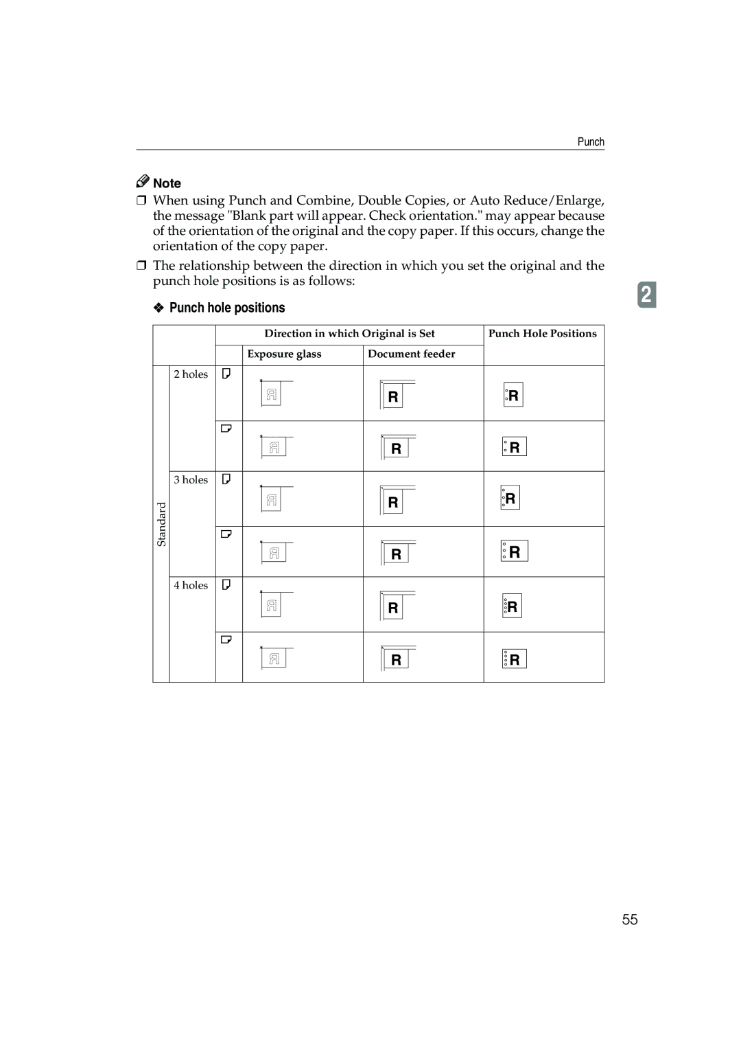 Ricoh 1035, 1045 operating instructions Punch hole positions 