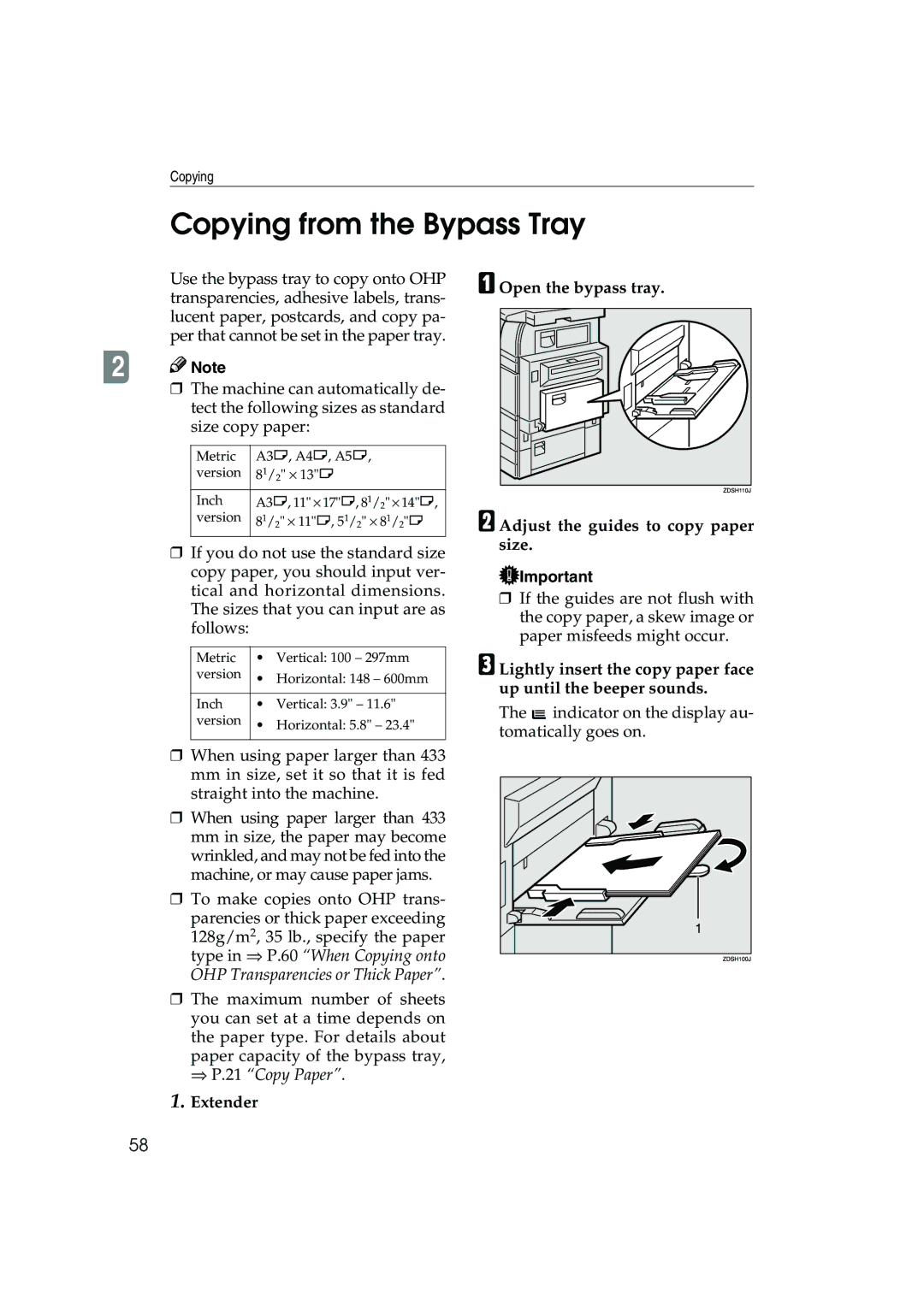 Ricoh 1045, 1035 operating instructions Copying from the Bypass Tray 