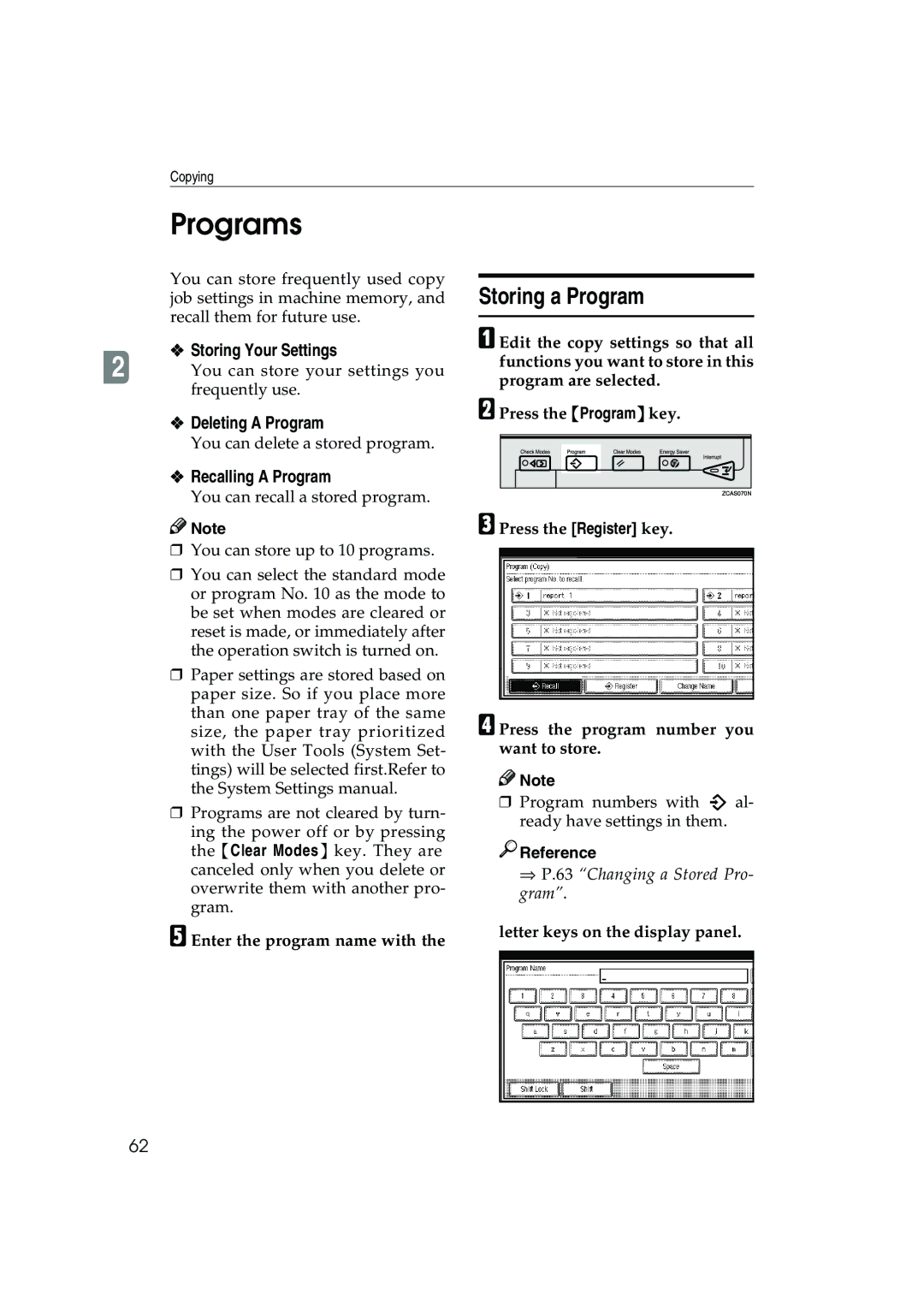 Ricoh 1045, 1035 Programs, Storing a Program, Storing Your Settings, Deleting a Program, Recalling a Program 