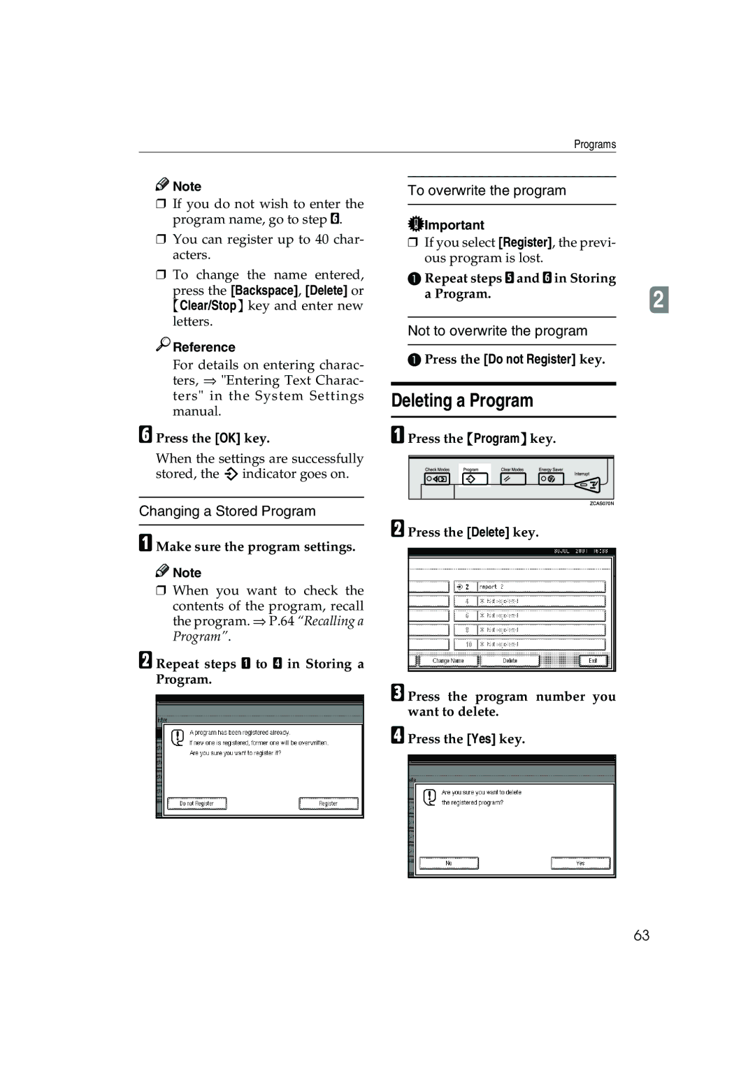 Ricoh 1035, 1045 Deleting a Program, Changing a Stored Program, To overwrite the program, Not to overwrite the program 