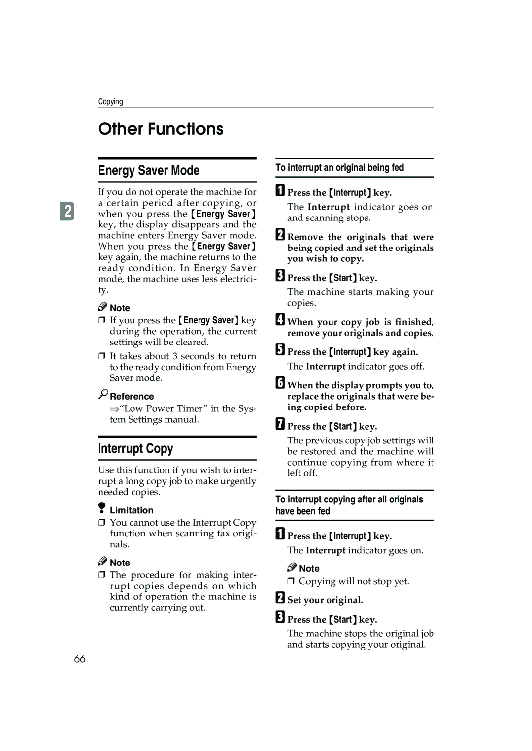 Ricoh 1045, 1035 Other Functions, Energy Saver Mode, Interrupt Copy, To interrupt an original being fed 