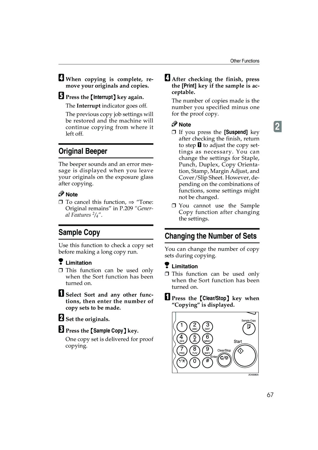Ricoh 1035 Original Beeper, Sample Copy, Changing the Number of Sets, Press the Clear/Stop key when Copying is displayed 