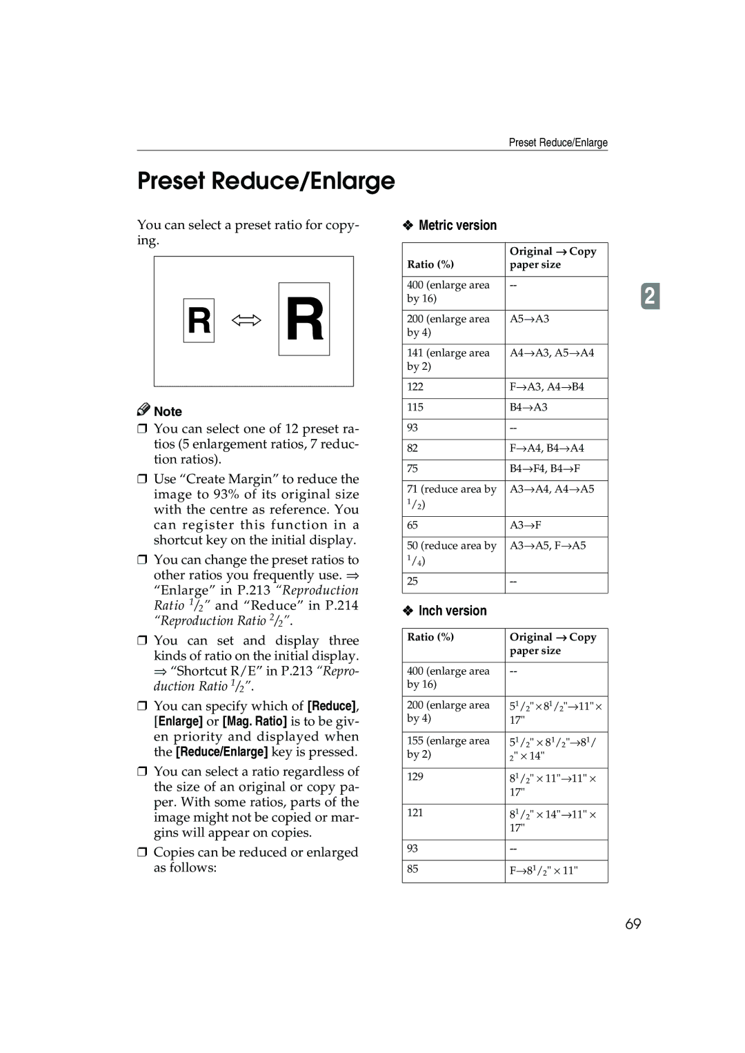 Ricoh 1035, 1045 operating instructions Preset Reduce/Enlarge, Original → Copy Ratio % Paper size 