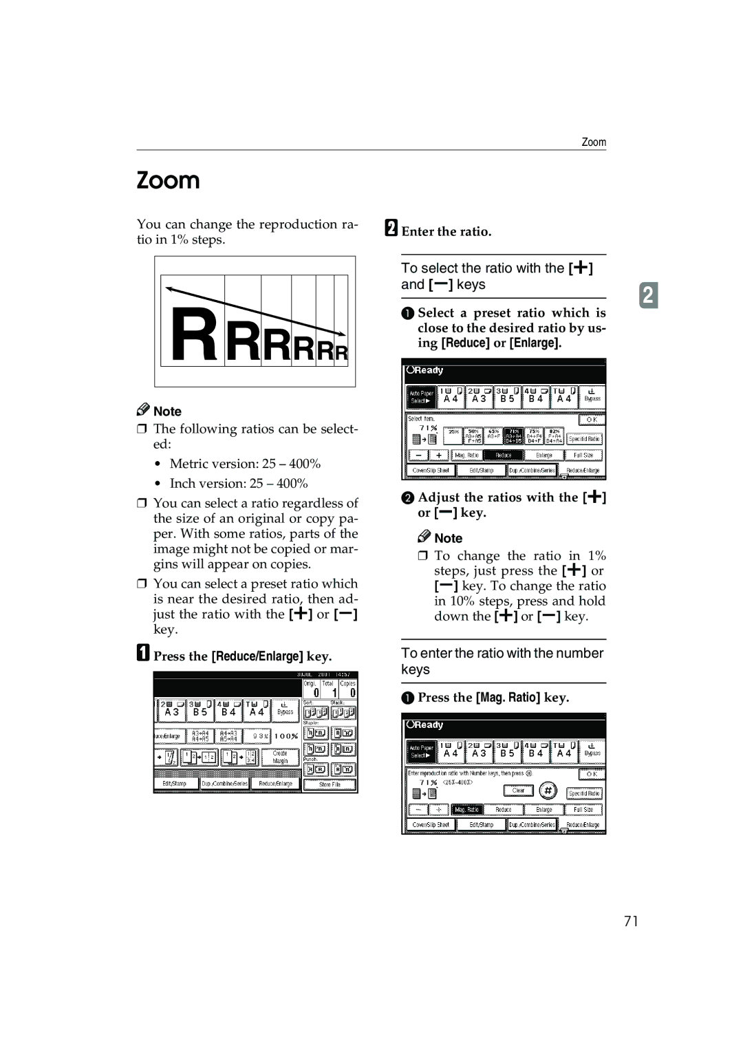 Ricoh 1035, 1045 Zoom, To select the ratio with the n and o keys, To enter the ratio with the number keys, Enter the ratio 