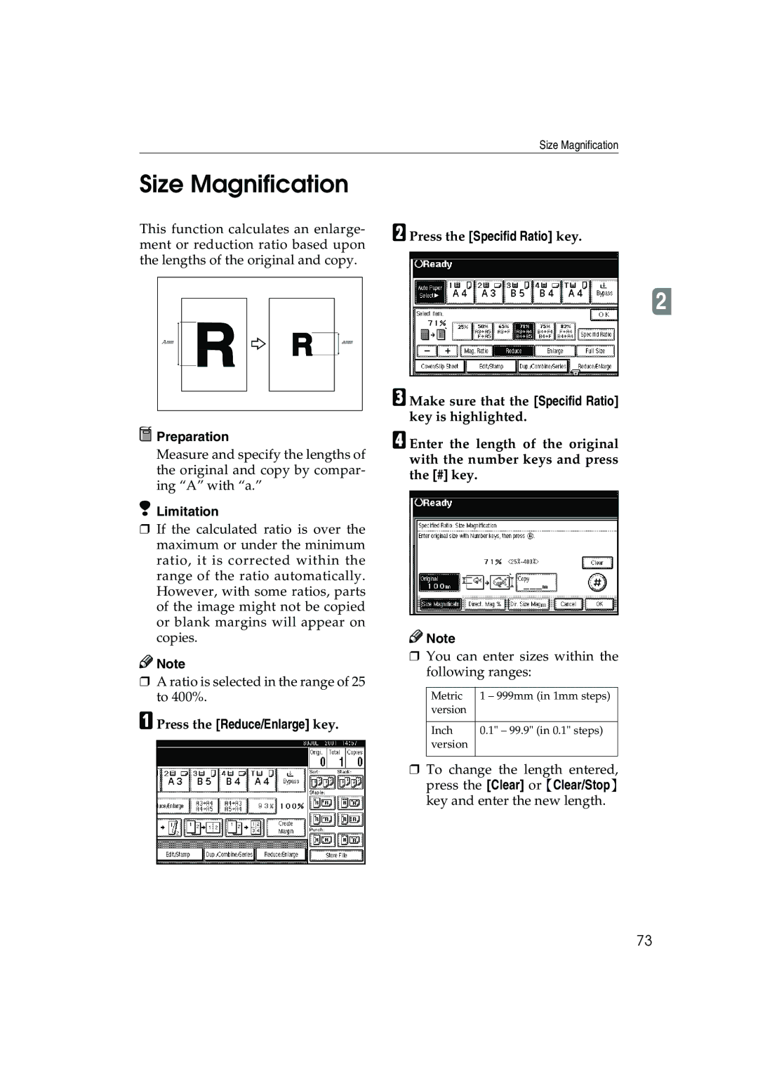 Ricoh 1035, 1045 operating instructions Size Magnification, Press the Reduce/Enlarge key Press the Specifid Ratio key 