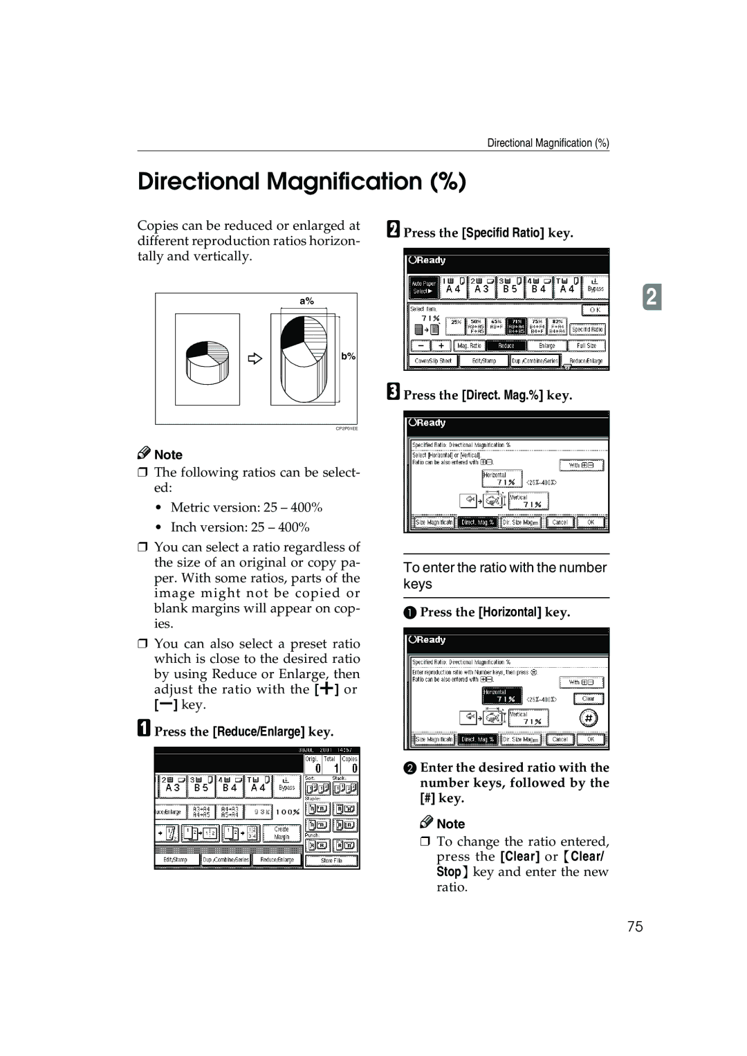 Ricoh 1035, 1045 operating instructions Directional Magnification %, To enter the ratio with the number keys 