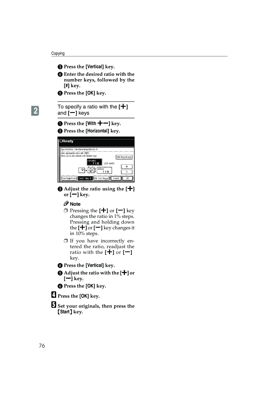 Ricoh 1045, 1035 operating instructions To specify a ratio with the n, O keys 