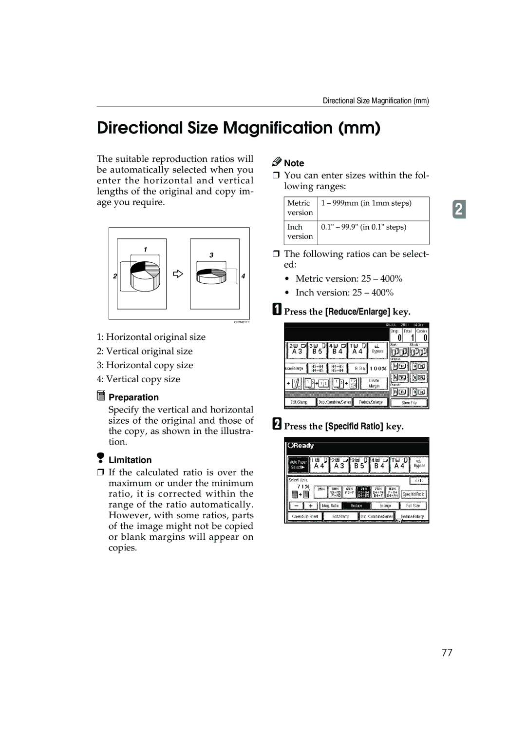 Ricoh 1035, 1045 operating instructions Directional Size Magnification mm, Preparation 