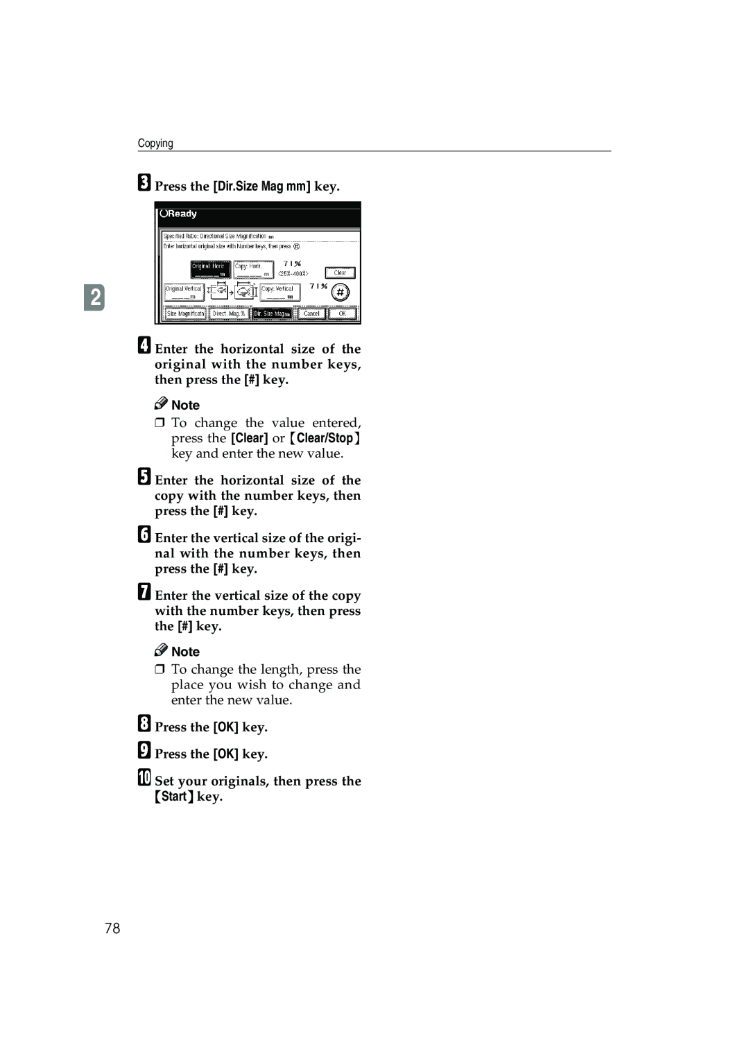 Ricoh 1045, 1035 operating instructions Press the Dir.Size Mag mm key 