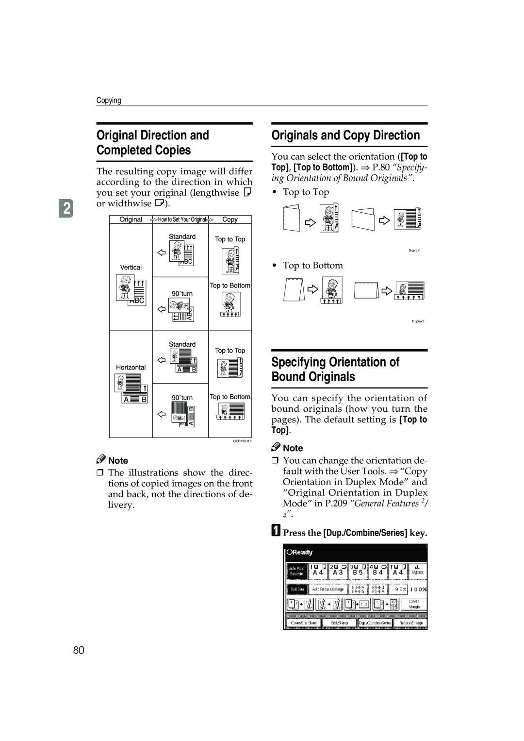 Ricoh 1045, 1035 Original Direction Completed Copies, Originals and Copy Direction, Press the Dup./Combine/Series key 