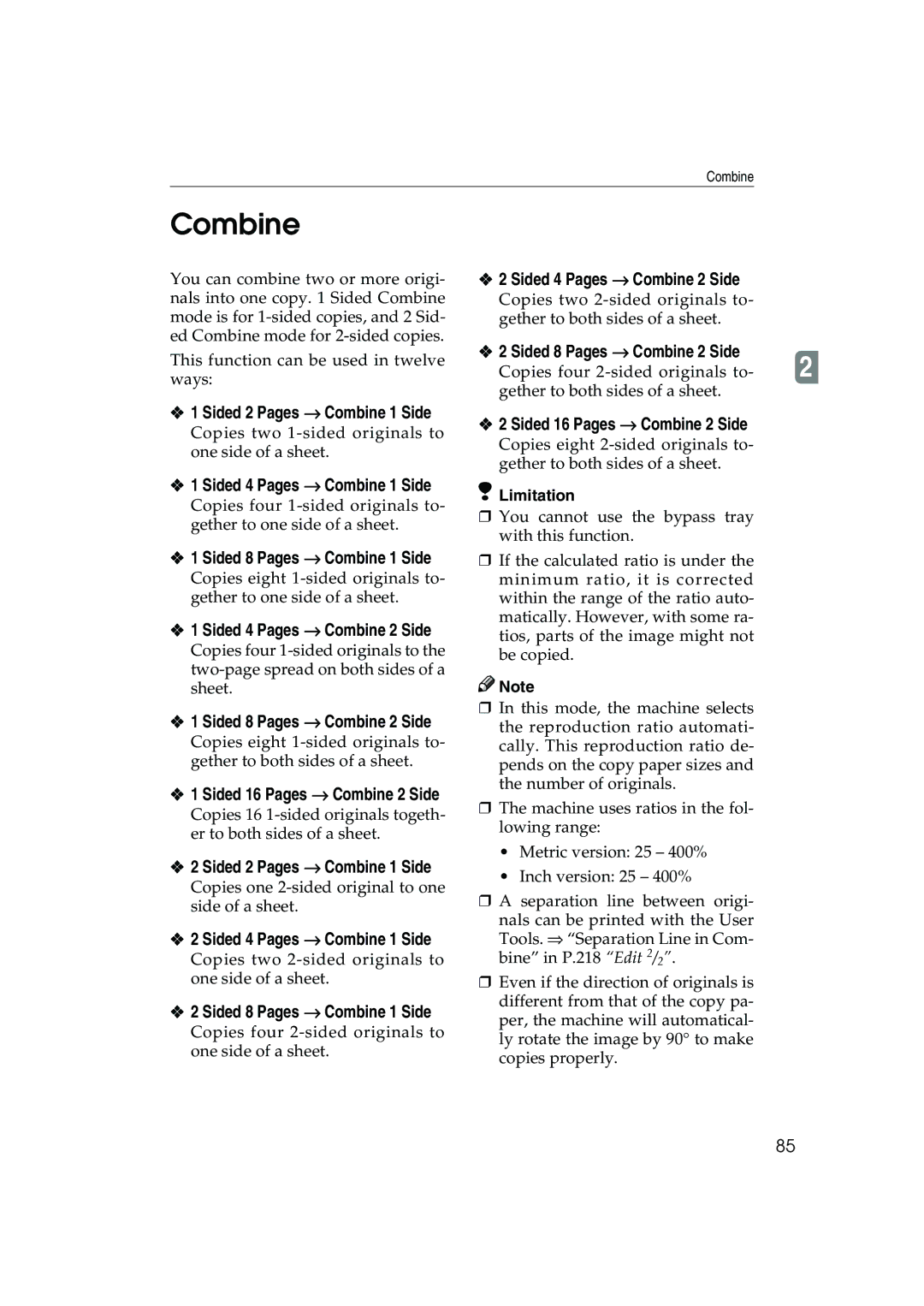 Ricoh 1035, 1045 operating instructions Sided 4 Pages → Combine 2 Side, Sided 16 Pages → Combine 2 Side 