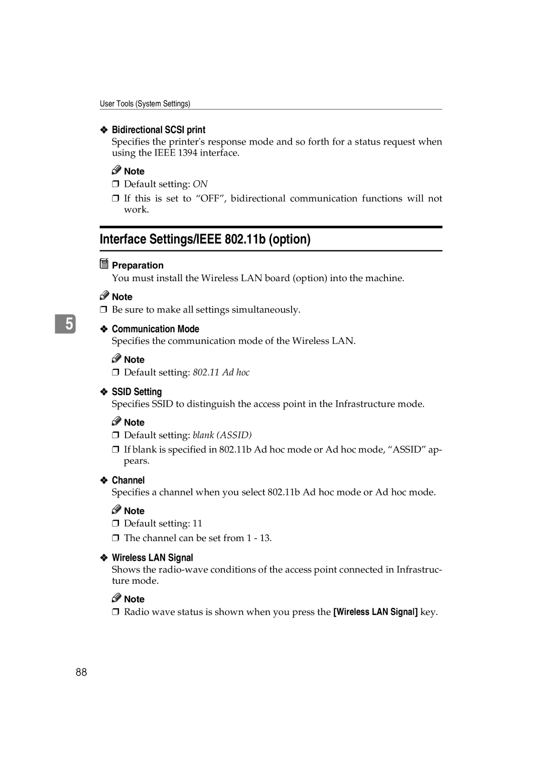 Ricoh 1060 Interface Settings/IEEE 802.11b option, Bidirectional Scsi print, Ssid Setting, Channel, Wireless LAN Signal 