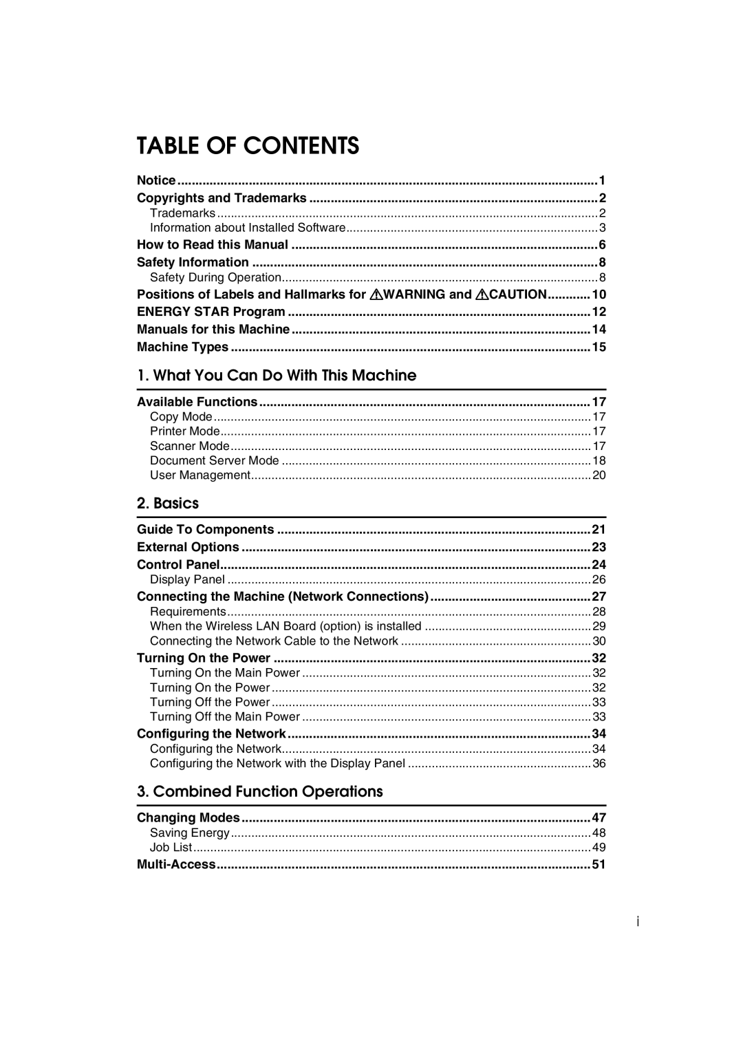 Ricoh 1075, 1060 manual Table of Contents 