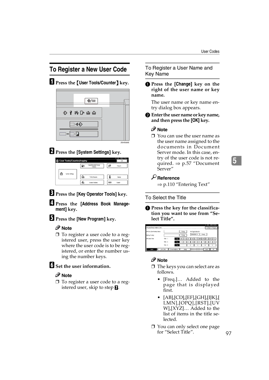 Ricoh 1075, 1060 manual To Register a New User Code, To Register a User Name and Key Name, To Select the Title 