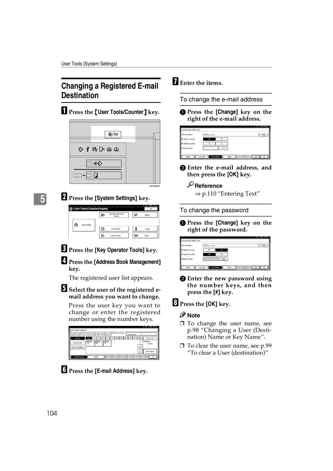 Ricoh 1060, 1075 manual Changing a Registered E-mail Destination, To change the e-mail address, To change the password, 104 