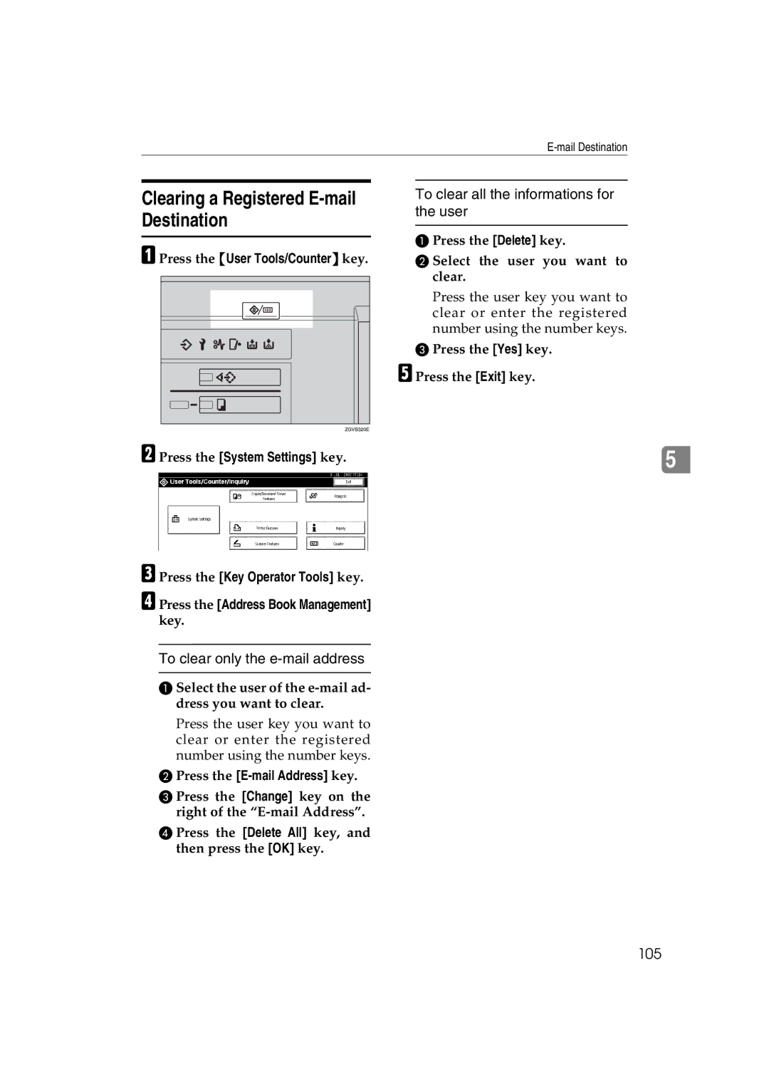 Ricoh 1075, 1060 manual Clearing a Registered E-mail Destination, To clear only the e-mail address, 105 