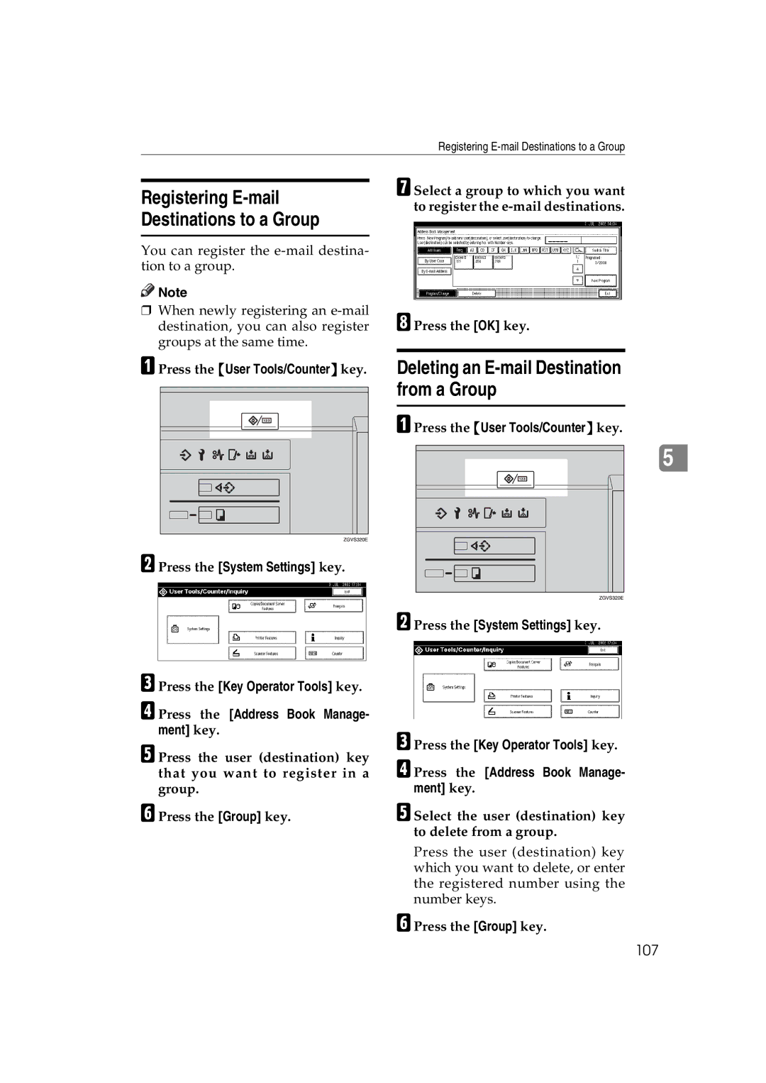 Ricoh 1075, 1060 manual Deleting an E-mail Destination from a Group, Registering E-mail Destinations to a Group 