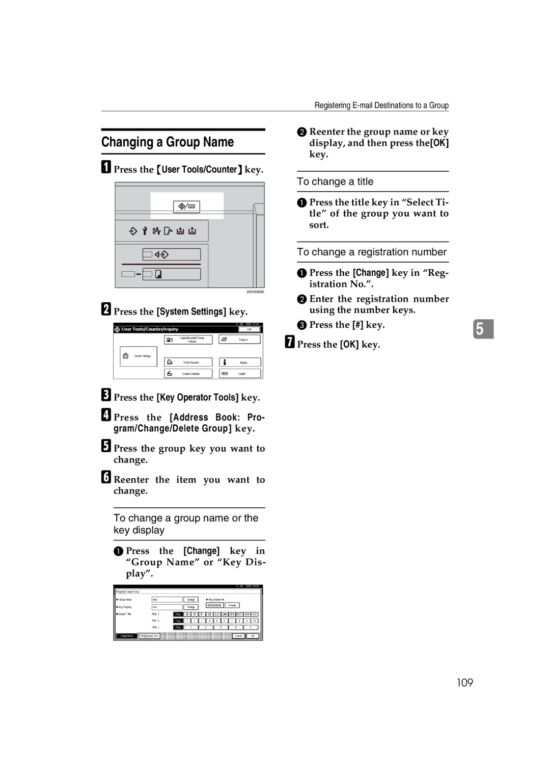 Ricoh 1075, 1060 manual Changing a Group Name, To change a group name or the key display, To change a title, 109 