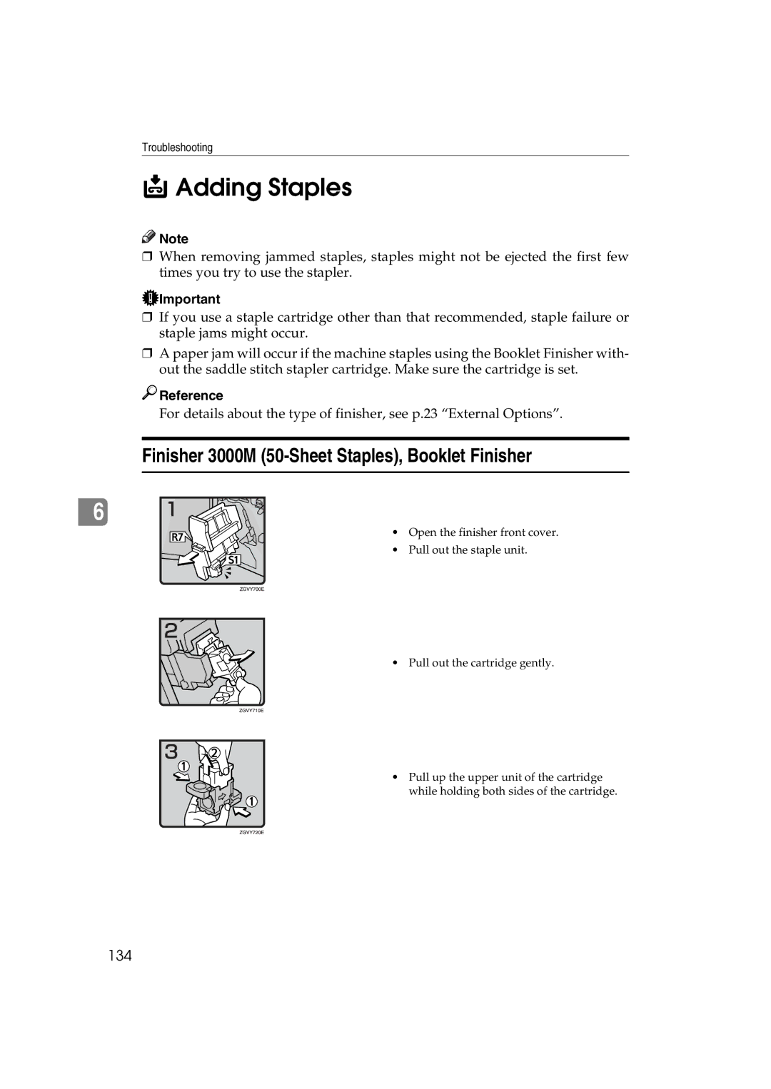 Ricoh 1060, 1075 manual Adding Staples, Finisher 3000M 50-Sheet Staples, Booklet Finisher, 134 