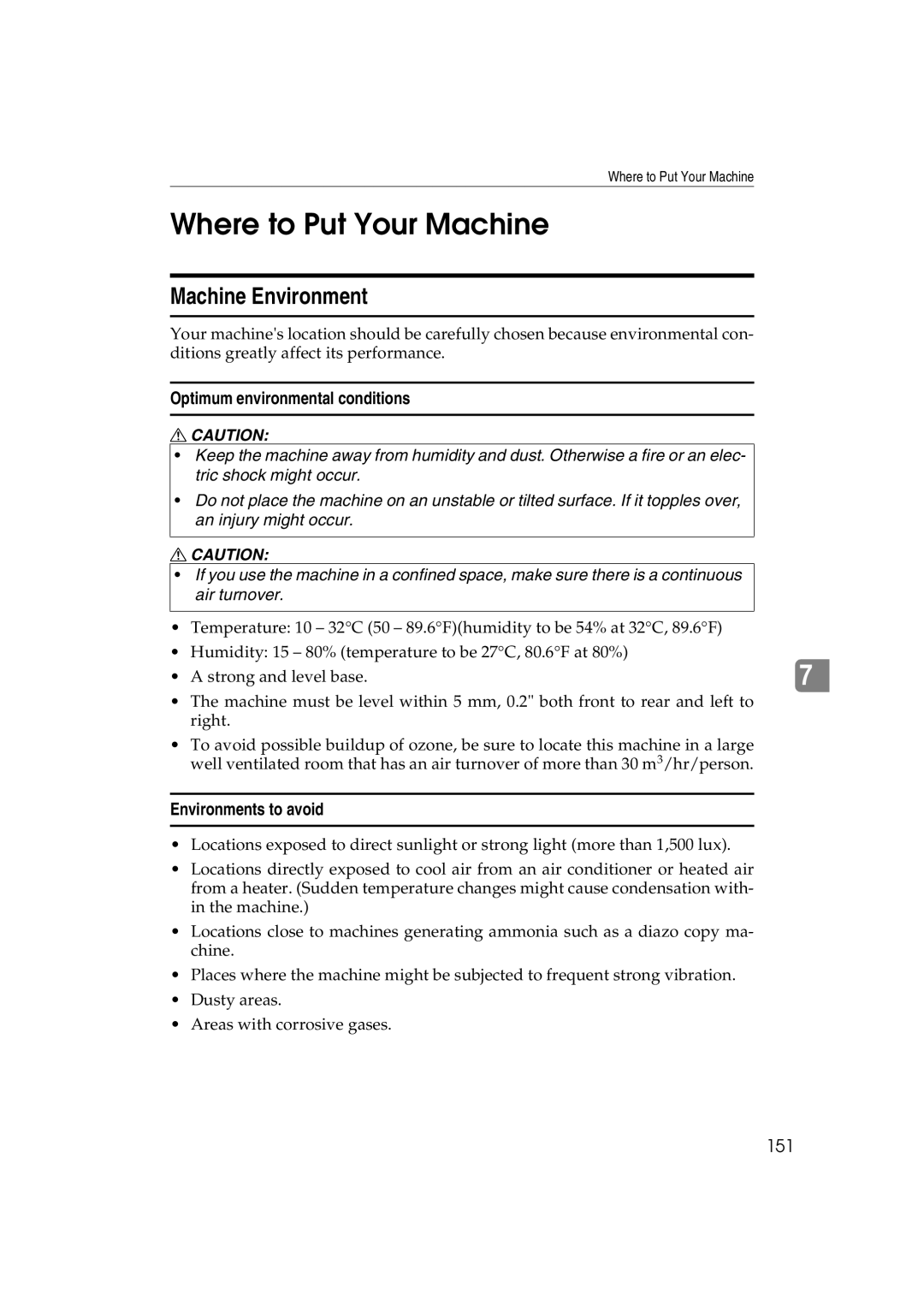 Ricoh 1075 Where to Put Your Machine, Machine Environment, Optimum environmental conditions, Environments to avoid, 151 