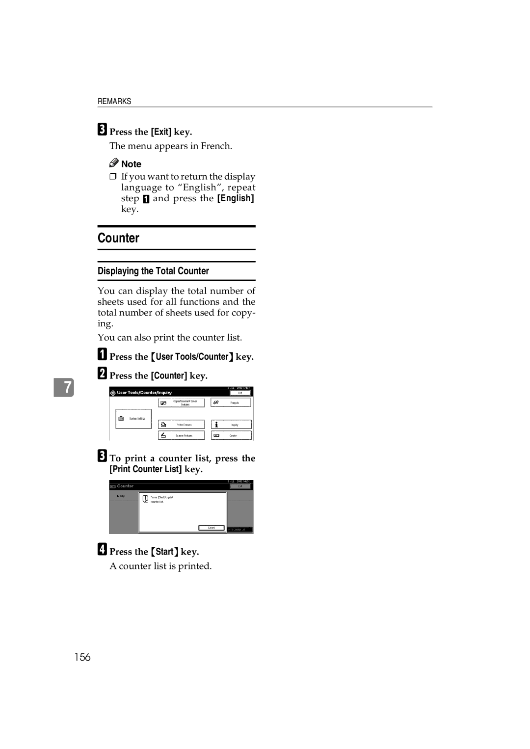 Ricoh 1060, 1075 manual Displaying the Total Counter, 156, Press the User Tools/Counter key. B Press the Counter key 